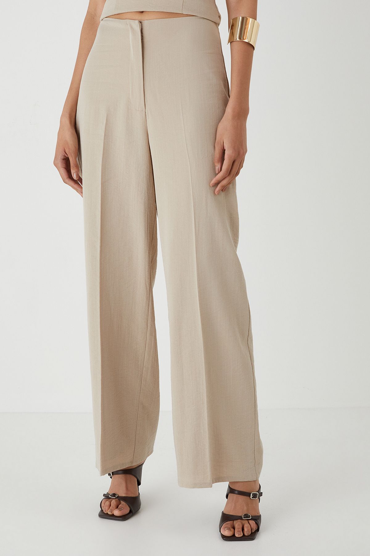 MissPap Linen Look High Waist Wide Leg Trousers Stone image 2