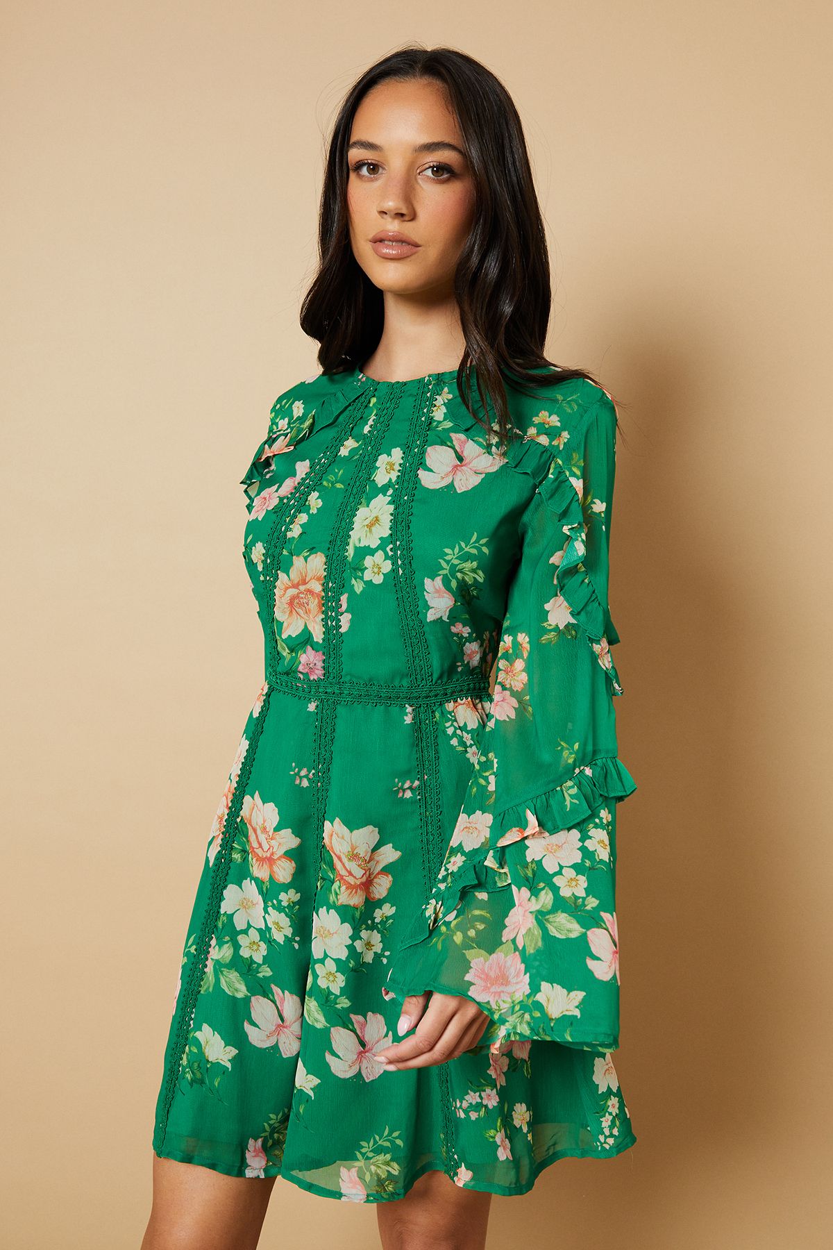 Oasis Floral Chiffon Lace Trim Mini Dress Green image 2