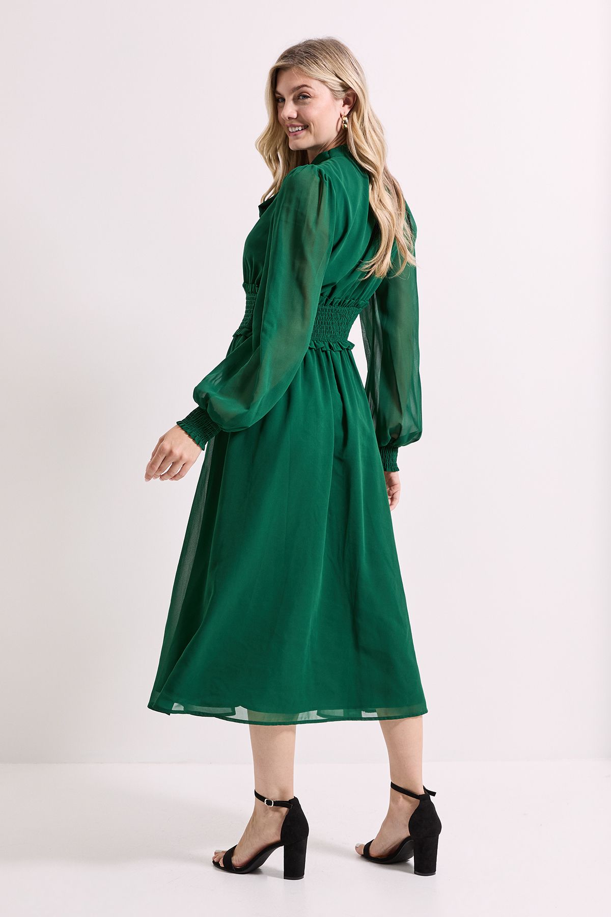 Dorothy Perkins Bow Tie Neck Detail Shirred Waist Midi Dress Forest image 4