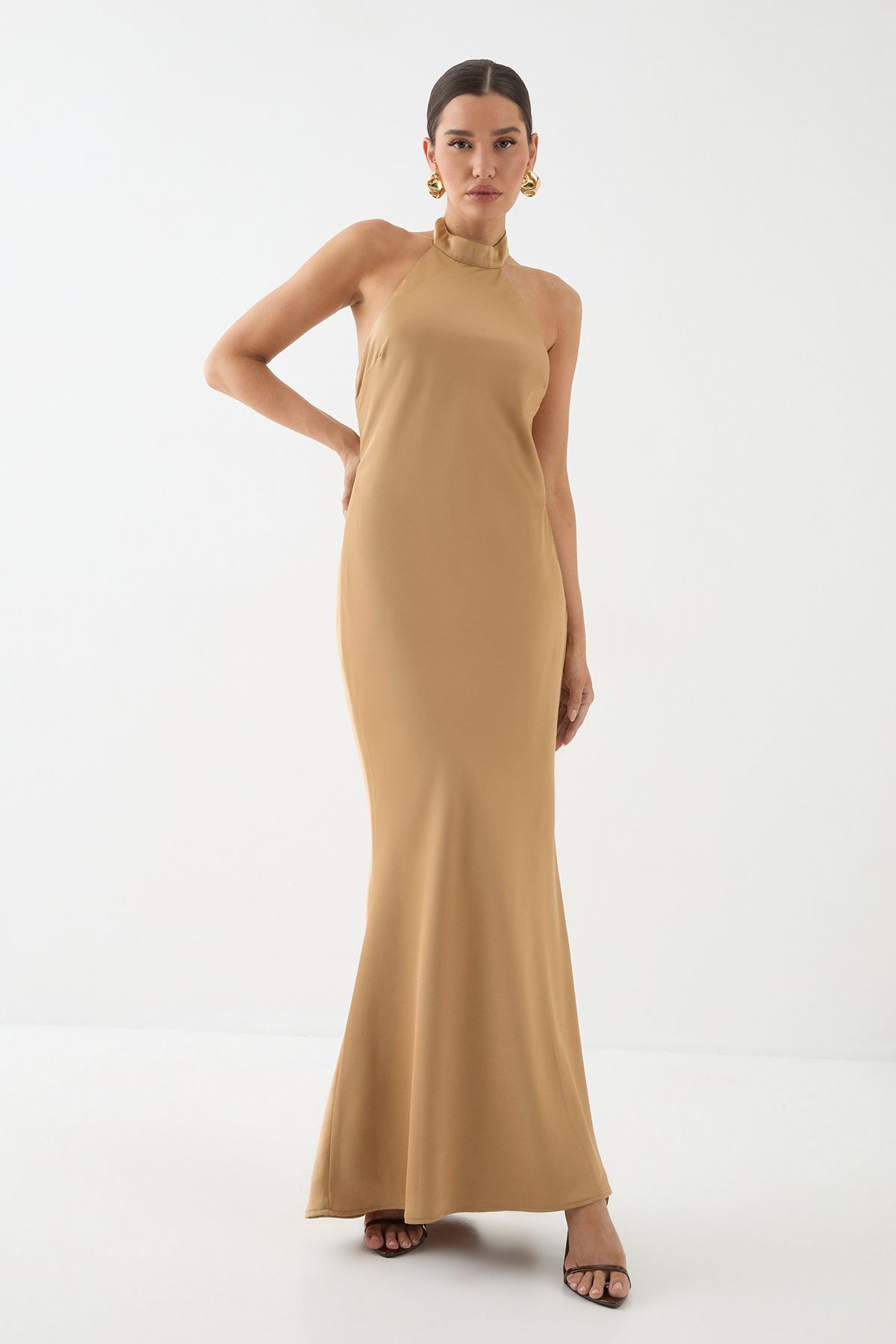 MissPap High Neck Satin Cowl Back Bridesmaid Dress Bronze image 1