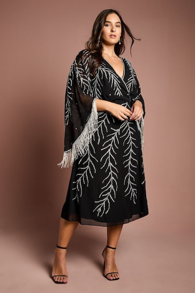Coast Plus Size Feather Embellished Fringe Kimono Sleeve Midi Dress Black