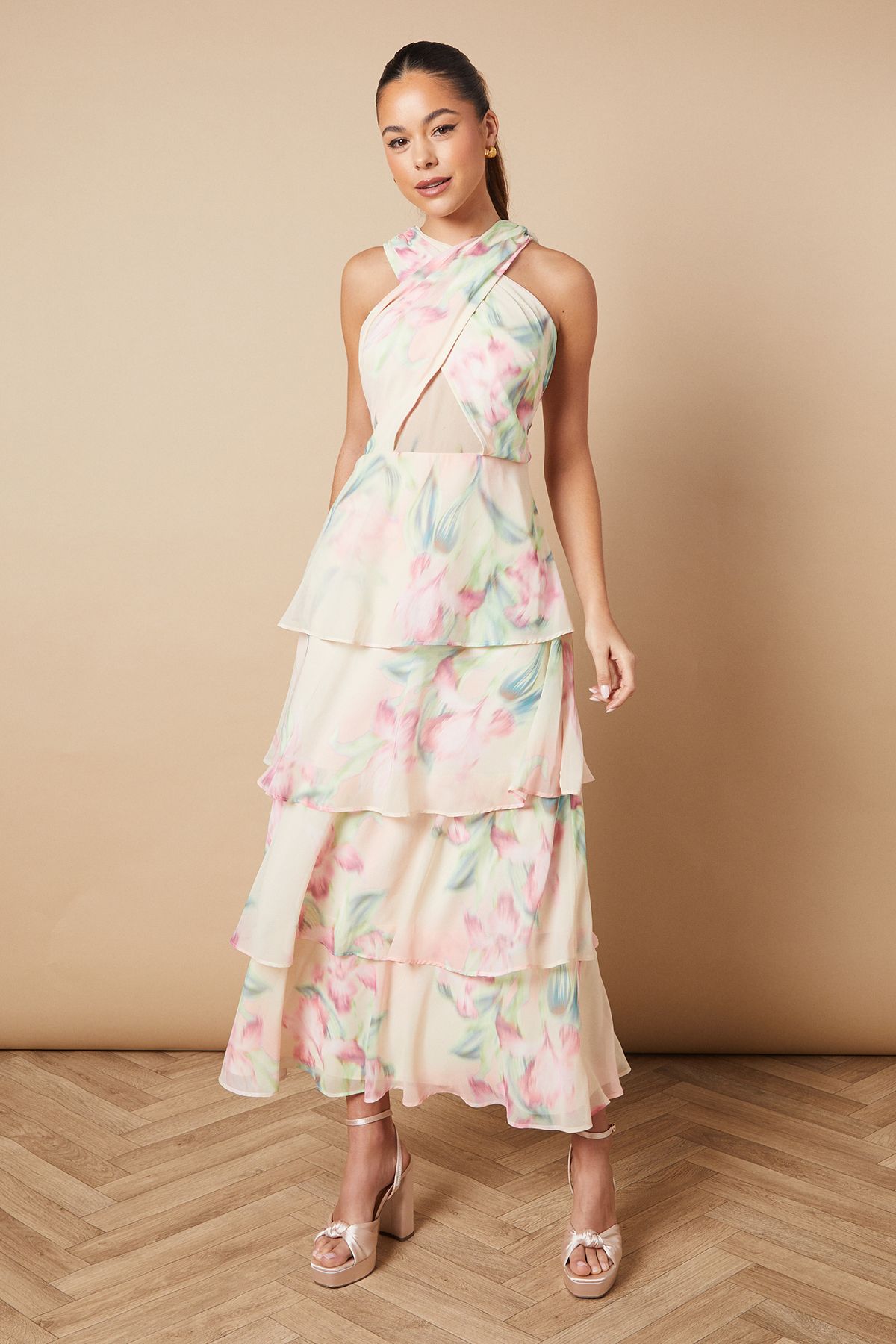Oasis Floral Printed Halter Neck Chiffon Tiered Maxi Dress Ivory image 1