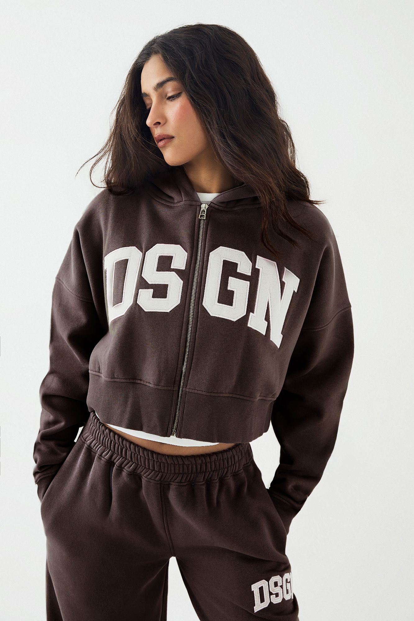 DSGN Studio DSGN Studio Cord Applique Zip Through Bomber Sweatshirt Dark Chocolate image 3