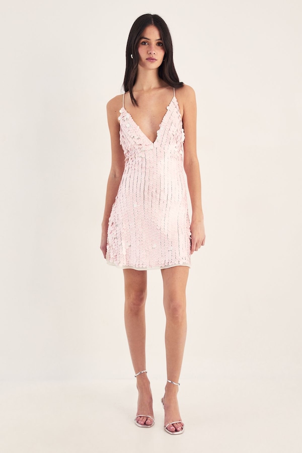 NastyGal Two Layer Disc Embellished Strappy Mini Dress Baby Pink