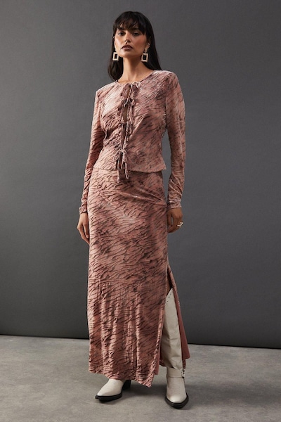 Warehouse Burnout Velvet Column Maxi Skirt Zebra