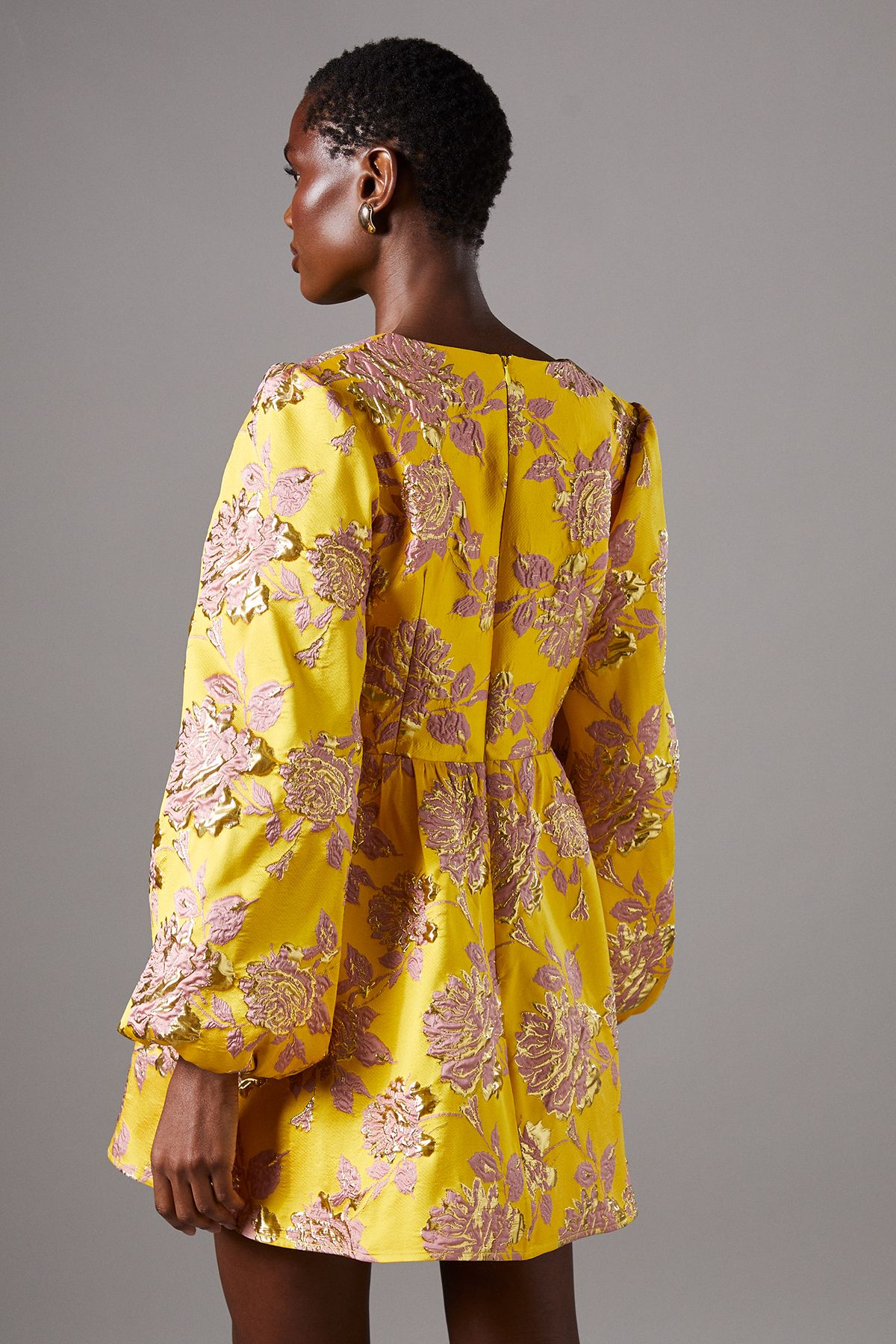 Coast Metallic Jacquard Long Sleeve Mini Dress Yellow image 3