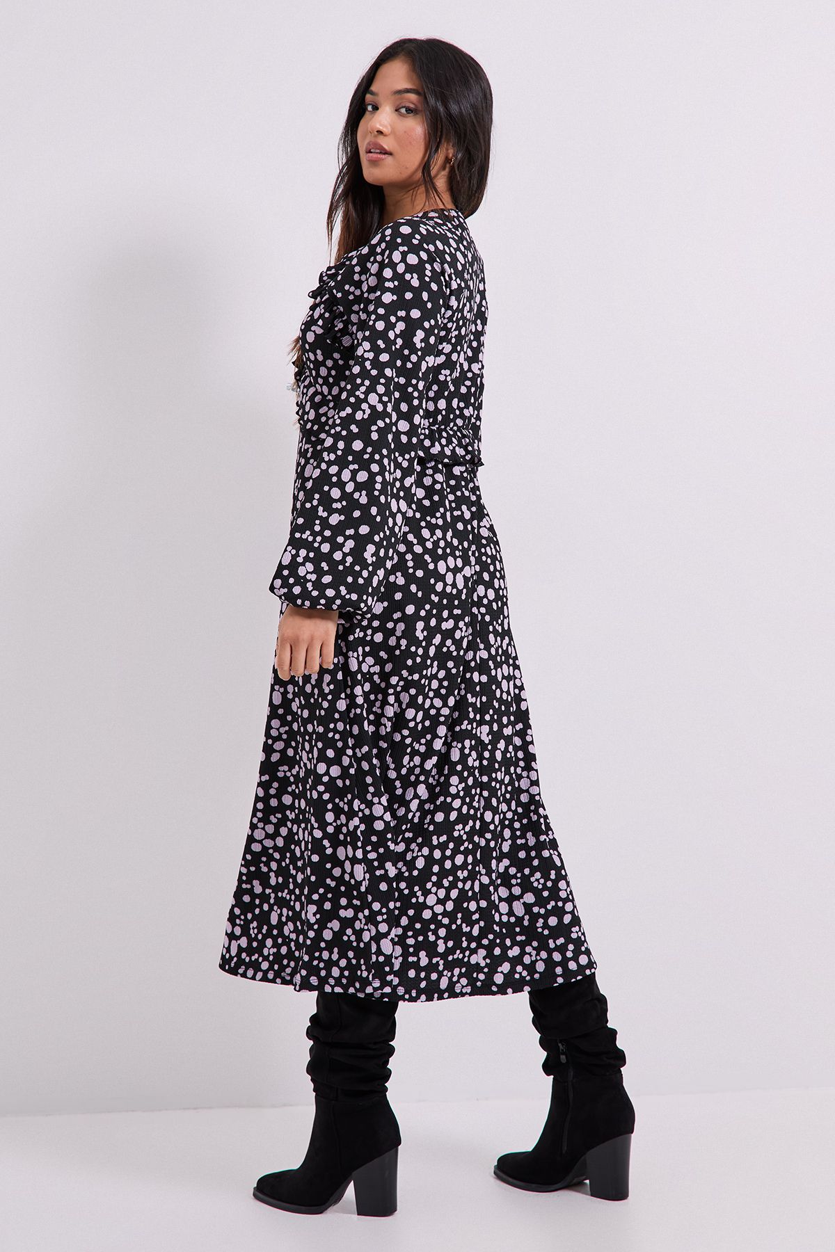 Dorothy Perkins Petite Purple Spot Empire Seam Frill Detail Jersey Midi Dress Blue image 3