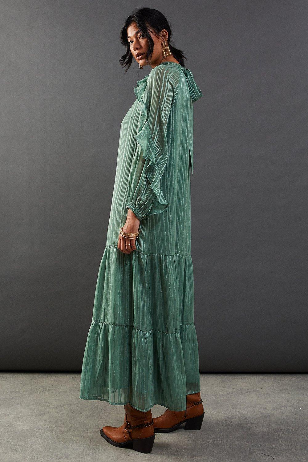 Warehouse Shadow Stripe Tie Back Neck Ruffle Tier Midi Dress Olive image 3
