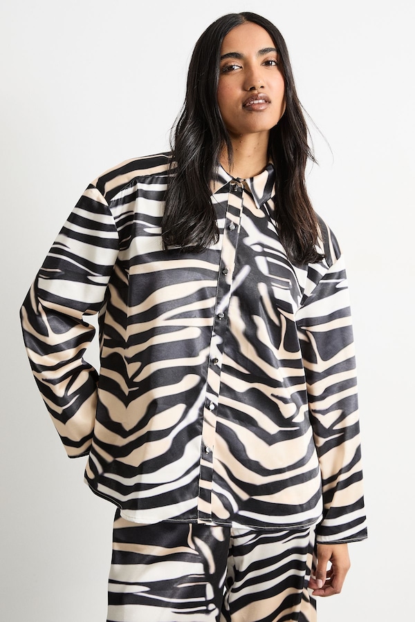 Warehouse Zebra Printed Oversized Satin Shirt Zebra