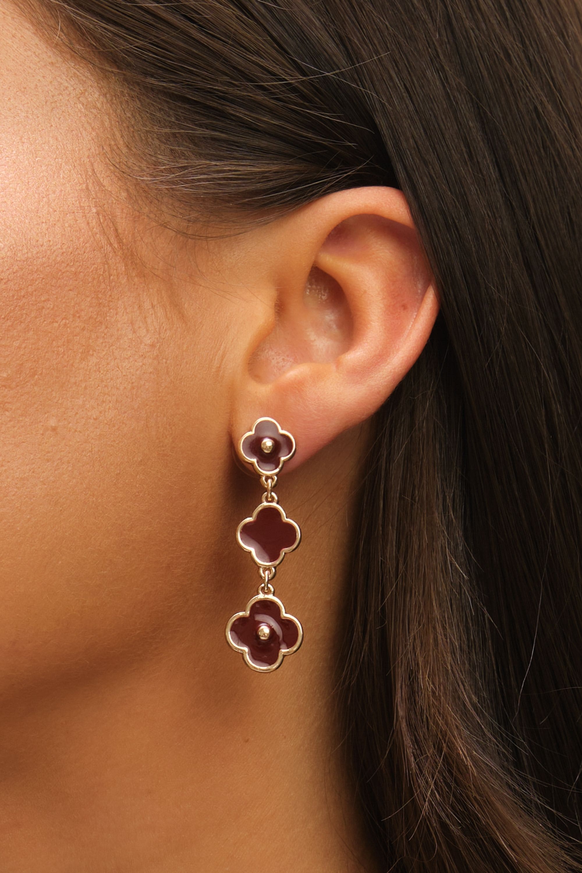 Mood Gold & Burgundy Clover Triple Drop Earrings image 4