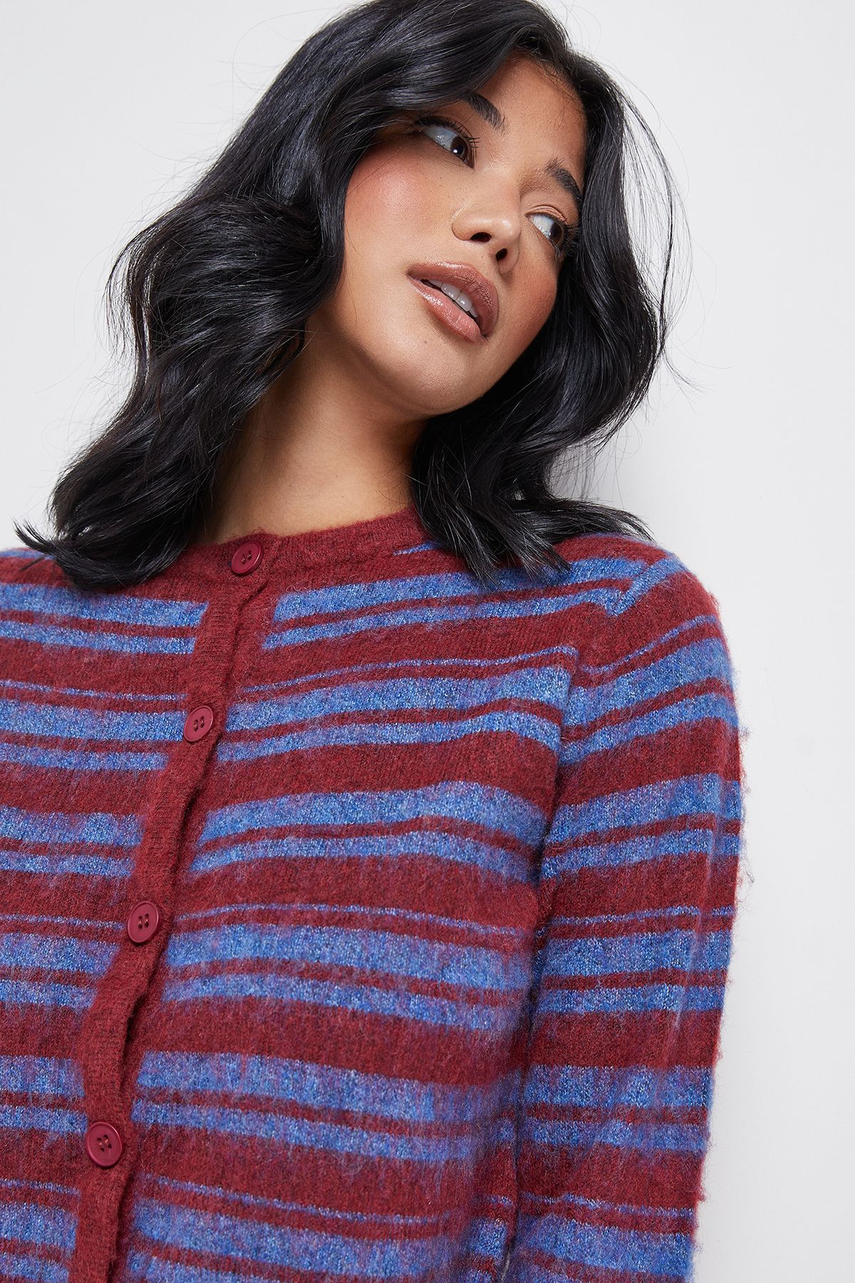Warehouse Fluffy Striped Cardigan Blue image 4
