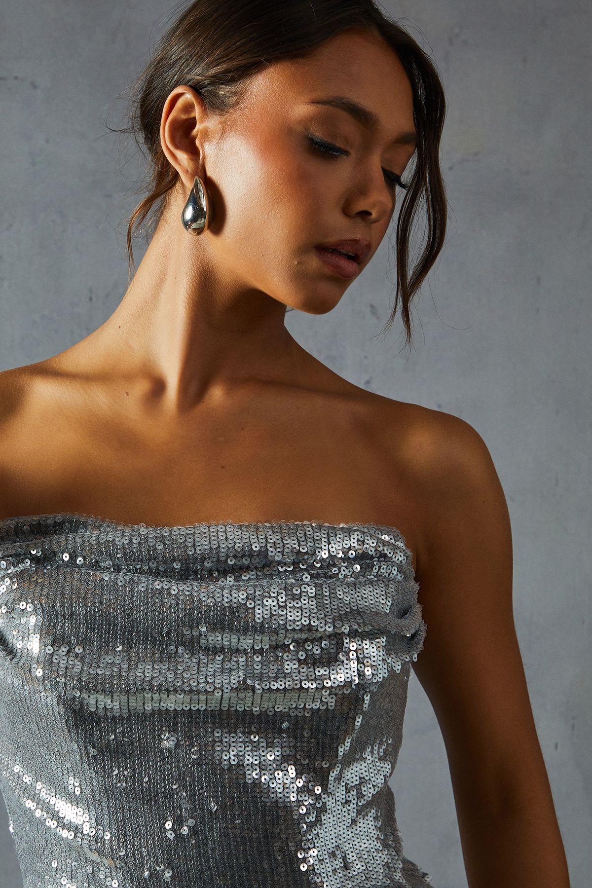 MissPap Sequin Corseted Bandeau Draped Bodycon Mini Dress Grey image 2