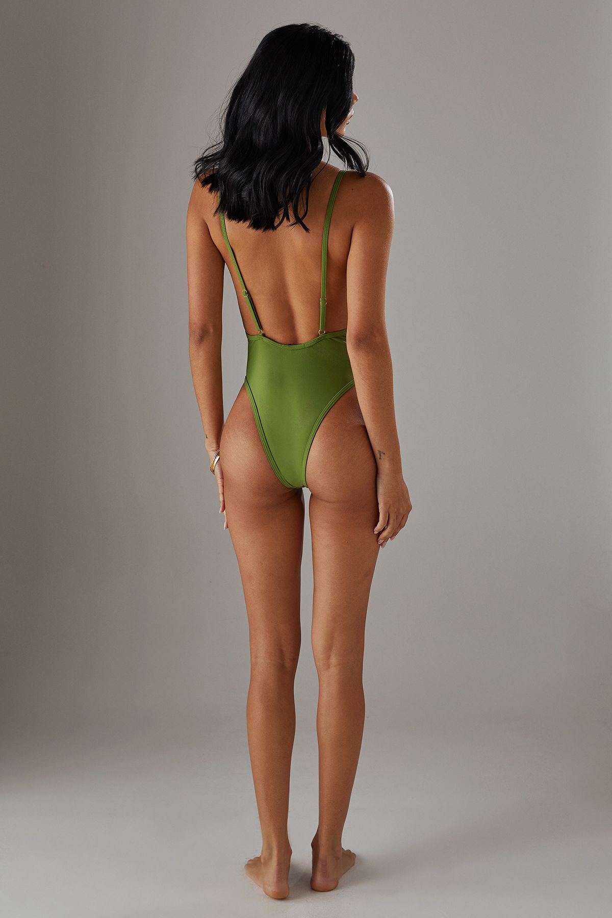 Warehouse Deep Plunge High Leg Swimsuit Olive image 3