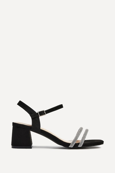 Linzi Bunty Black Faux Suede Diamante Block Heeled Sandal