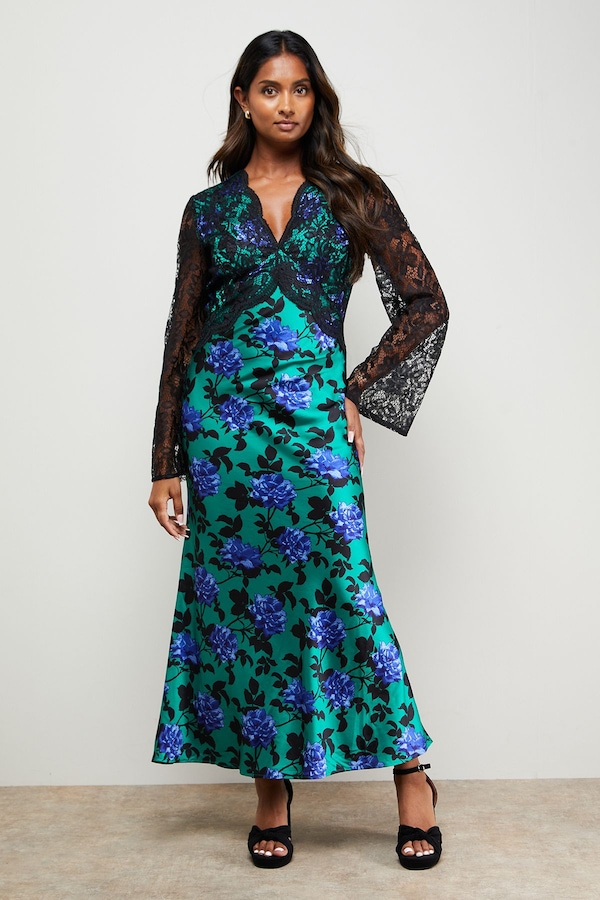 Oasis Printed Lace Bodice V Neck Satin Midi Dress Floral