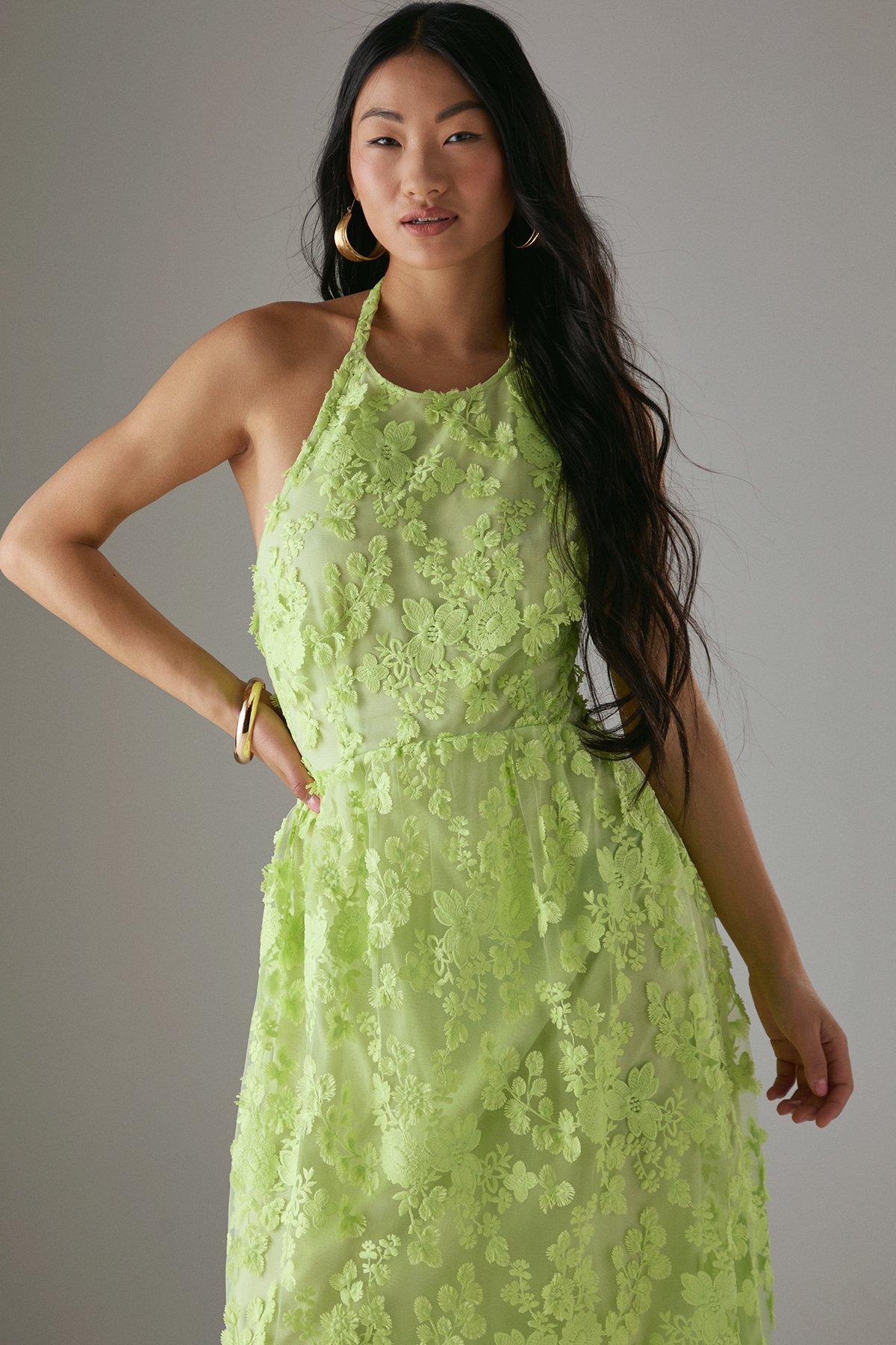 Warehouse Petite 3D Embroidered Halter Open Back Midi Dress Apple Green image 2