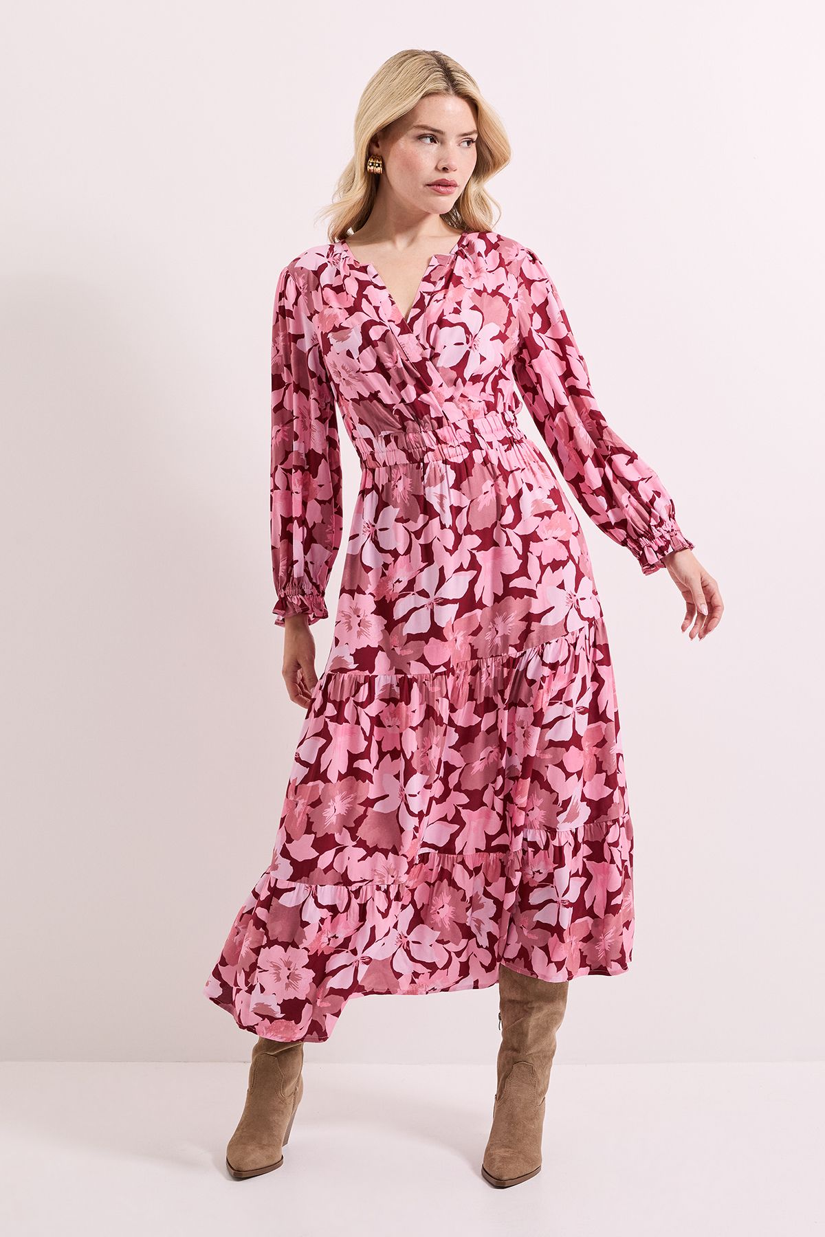 Dorothy Perkins Pink Floral Wrap Front Tiered Skirt Midaxi Dress Floral image 1