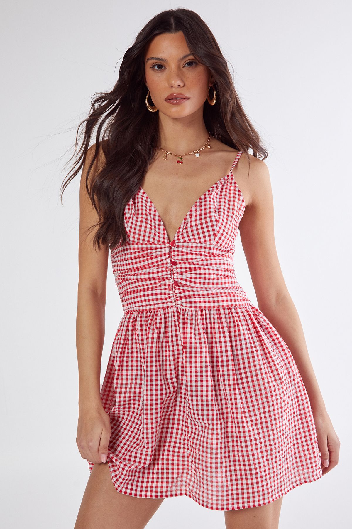 NastyGal Gingham Ruched Button Front Strappy Mini Dress Red image 3