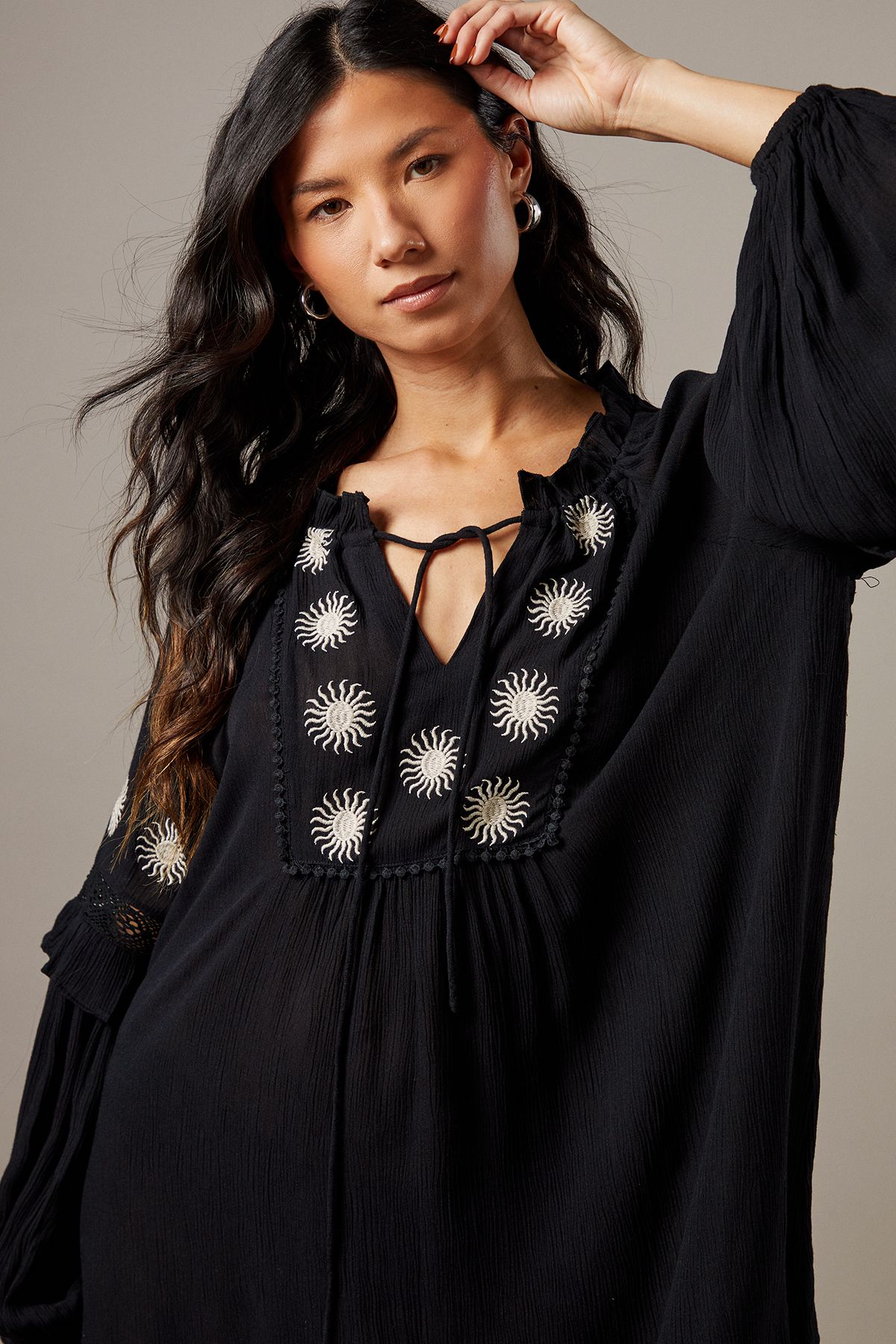 Warehouse Cheesecloth Embroidered Trim Insert Mini Dress Black image 4