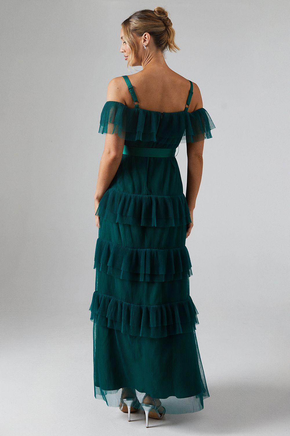 Oasis Pleated Mesh Tiered Skirt Bridesmaid Dress With Satin Belt Emerald image 3