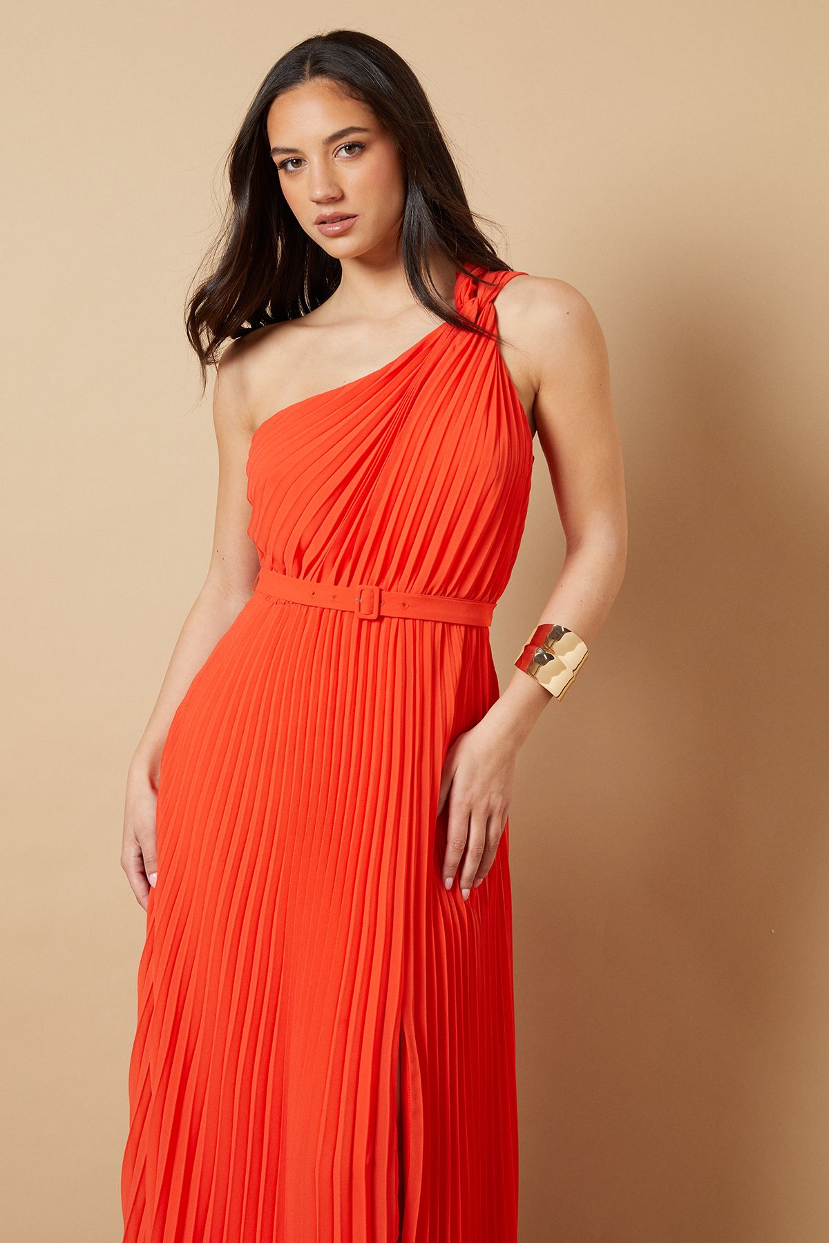 Oasis One Shoulder Pleated Tie Detail Midi Dress Burnt Orange image 2