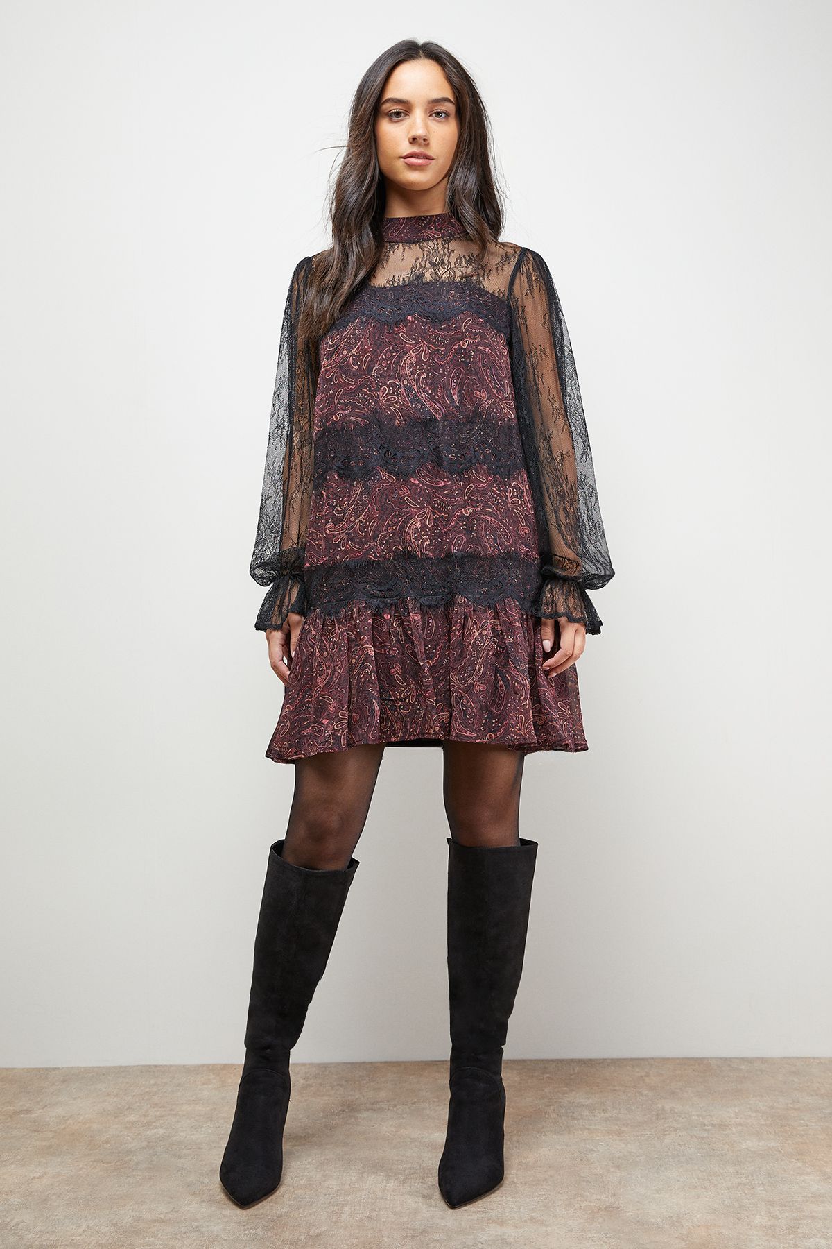 Oasis Printed Lace Tiered High Neck Balloon Sleeve Mini Dress Multi image 5