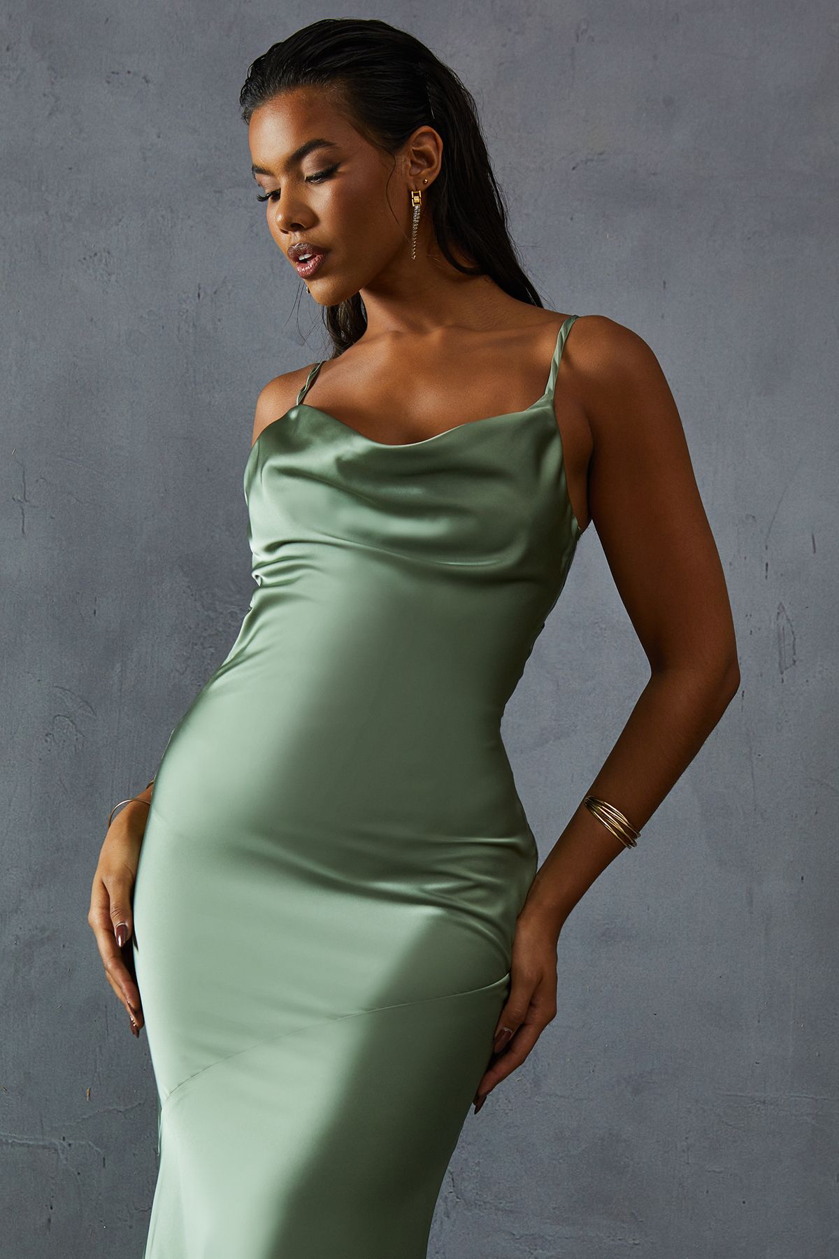 MissPap Premium Satin Bow Back Bias Cut Bridesmaid Dress Sage image 5