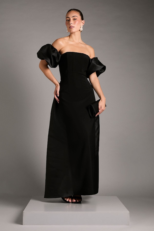 Coast Bardot Puff Sleeve Strapless Maxi Dress with Full Skirt Back Detail Black