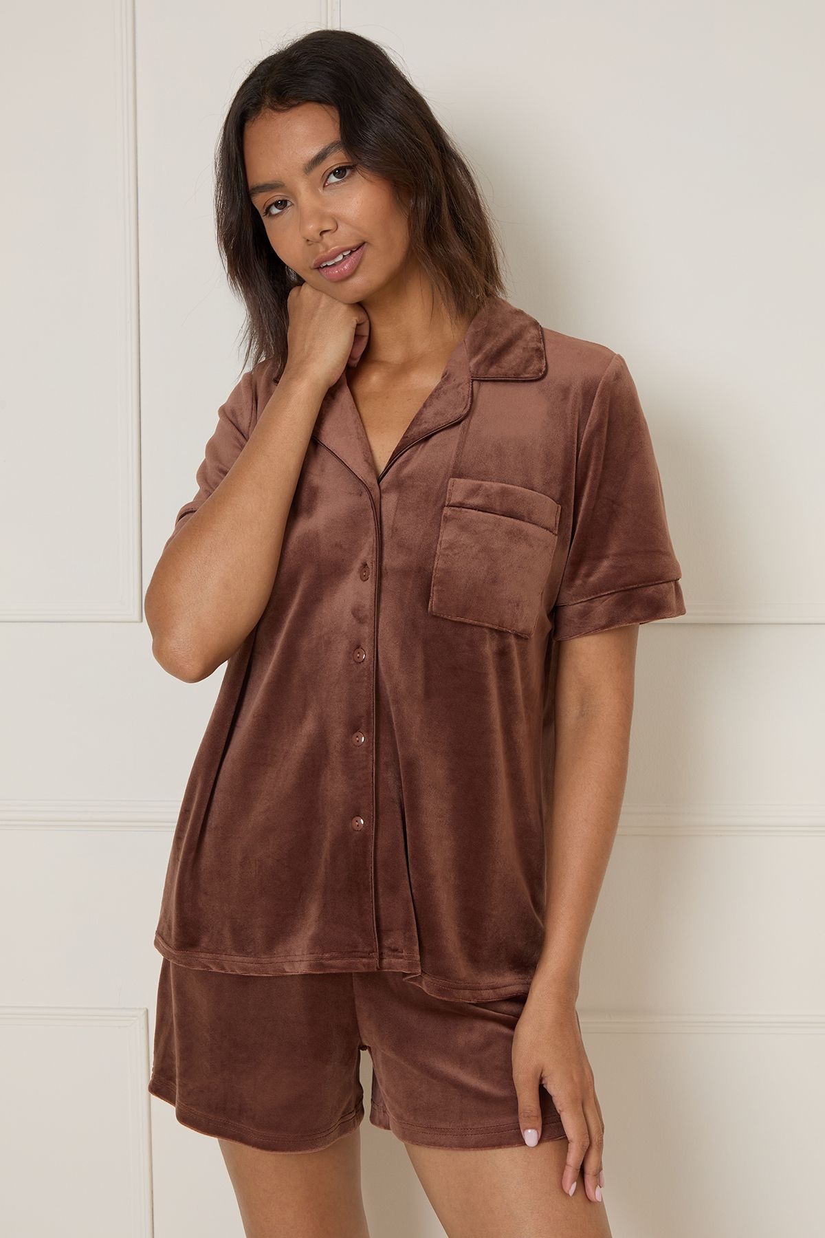 Dorothy Perkins Nightwear Velour Short Set Co-Ord Chocolate image 4