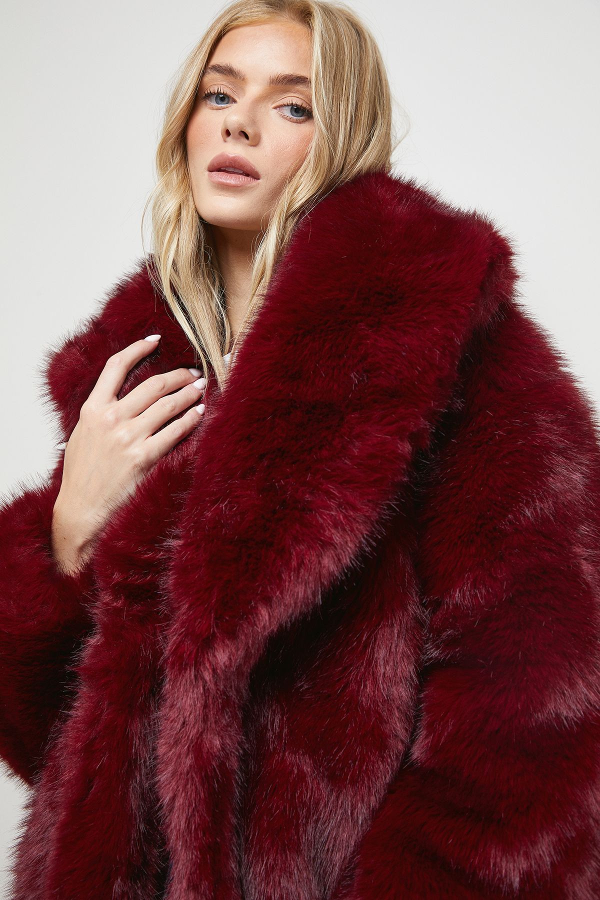 Oasis Maxi Faux Fur Plush Coat Burgundy image 2