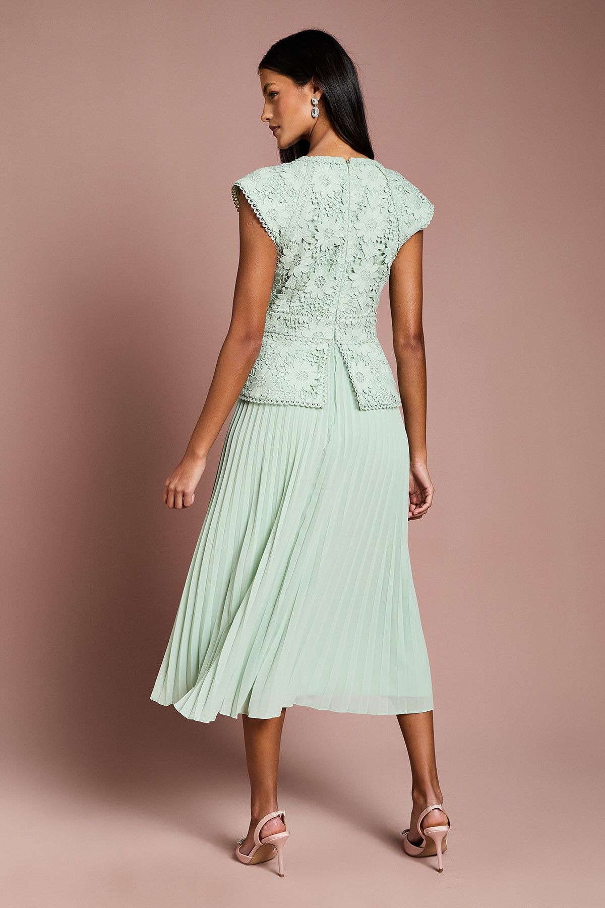 Coast Petite V Neck Lace Bodice Peplum Midi Dress Sage image 3