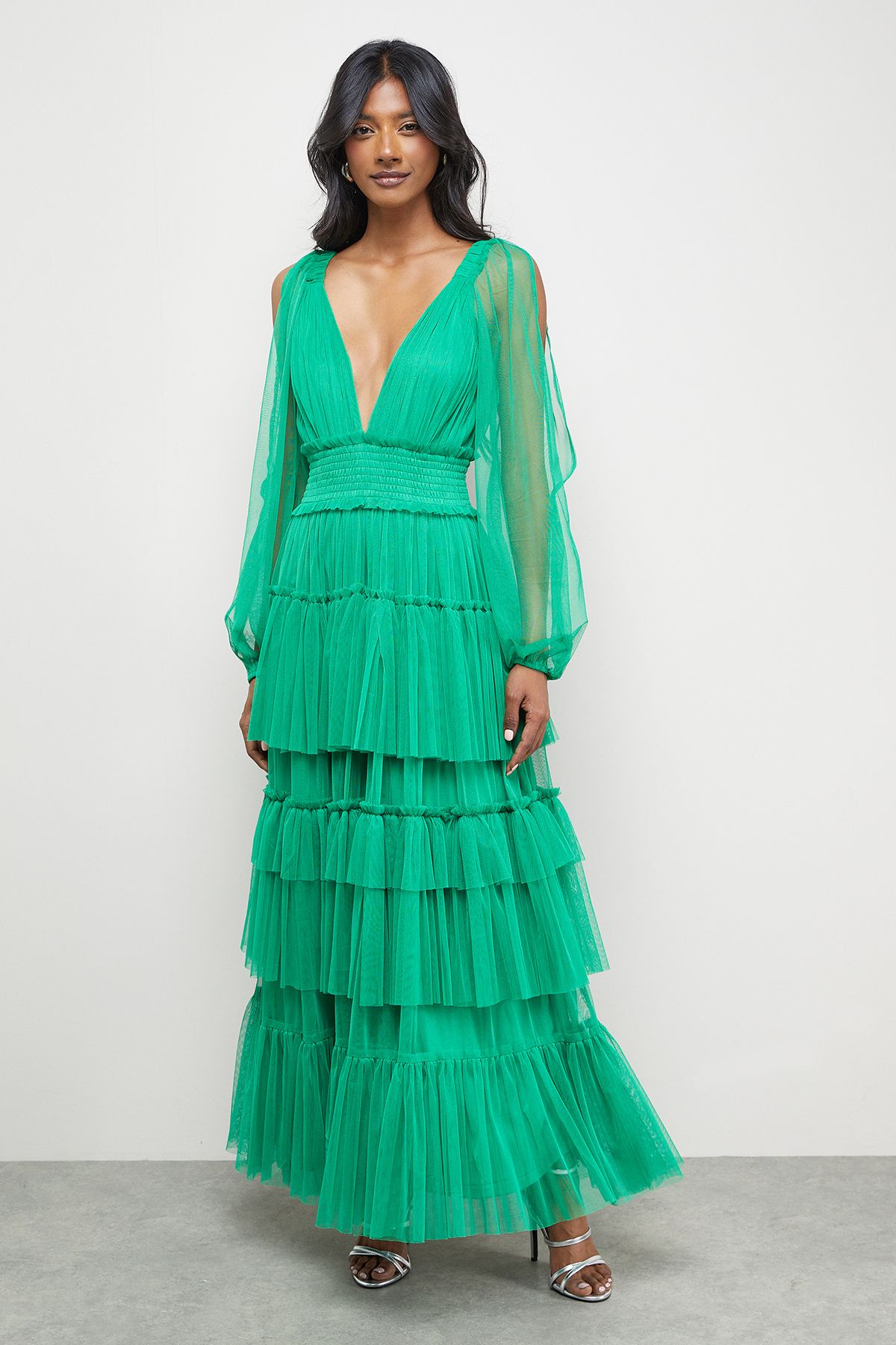 Warehouse Tulle Long Sleeve Cinched Waist Maxi Dress Green image 2