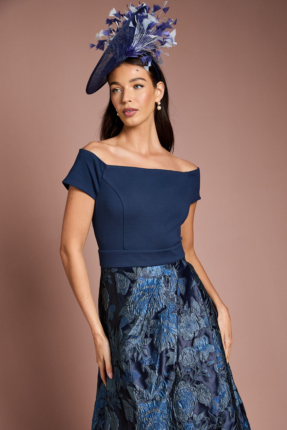 Coast Lisa Tan Stretch Bardot Jacquard Skirt Midi Dress Navy image 2