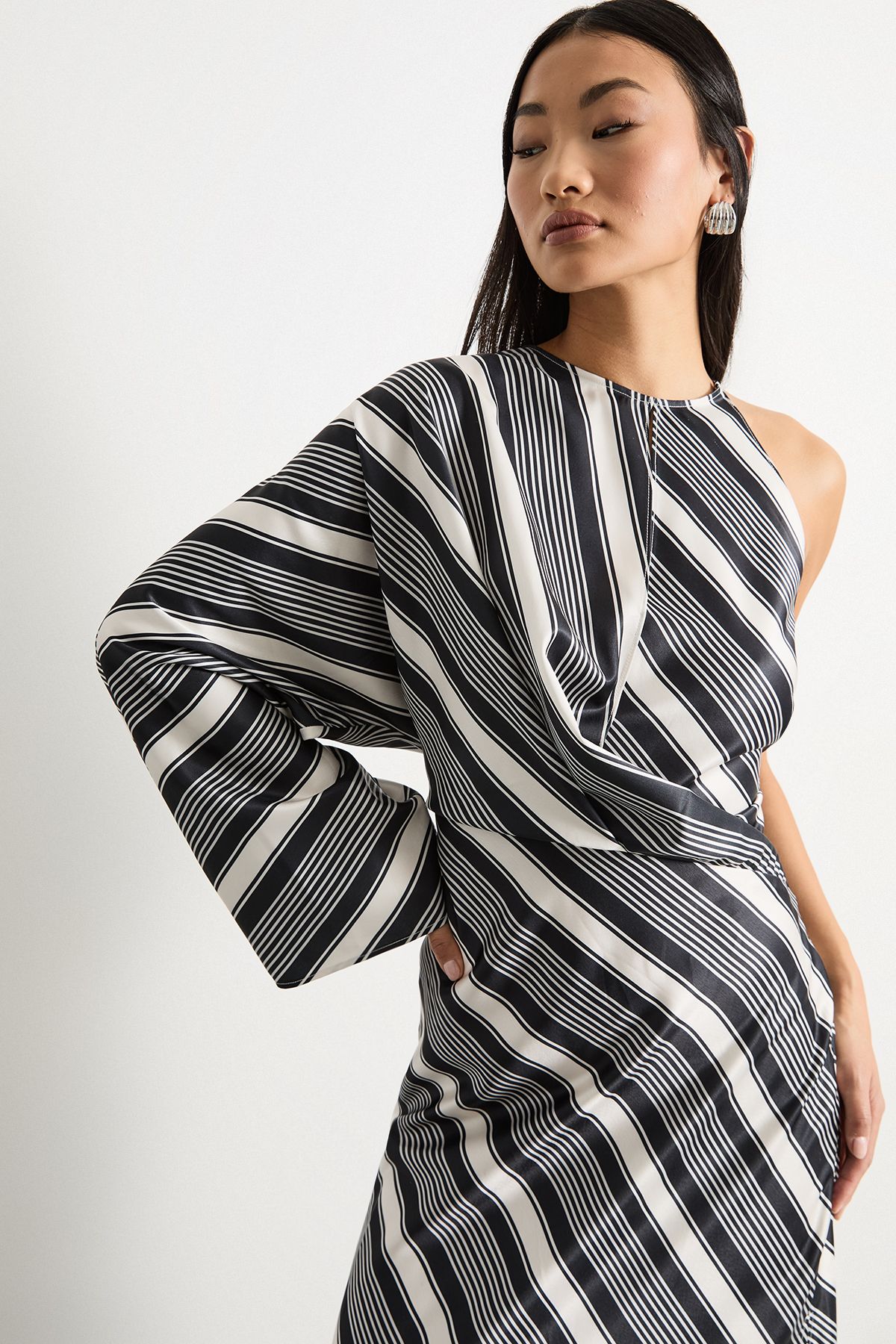 Warehouse Petite Printed One Shoulder Twist Front Keyhole Satin Maxi Dress Stripe image 1