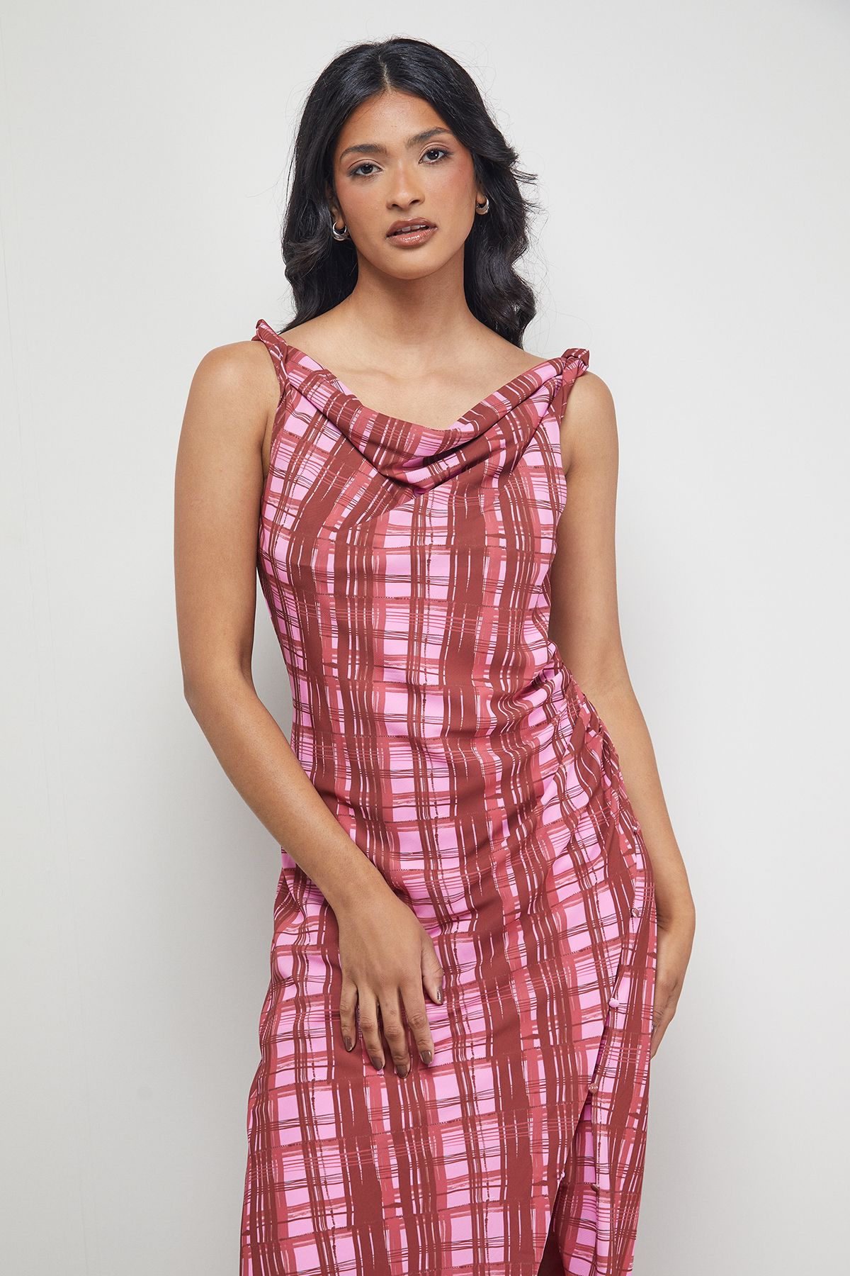 Warehouse Tony Chiffon Cowl Button Wrap Midi Slip Dress Pink image 5