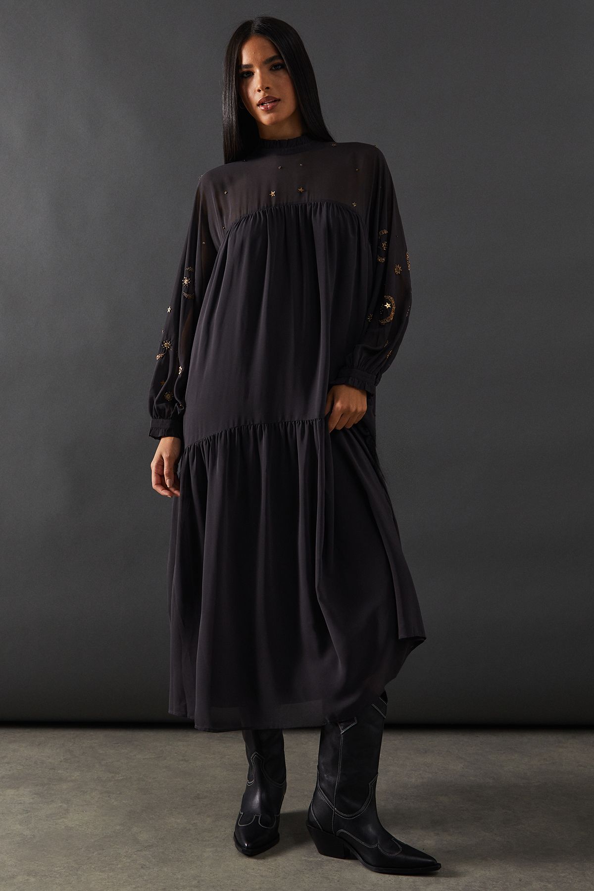 Warehouse Premium Moon Embellished Sequin Viscose Curved Hem Midi Smock Dress Charcoal image 1