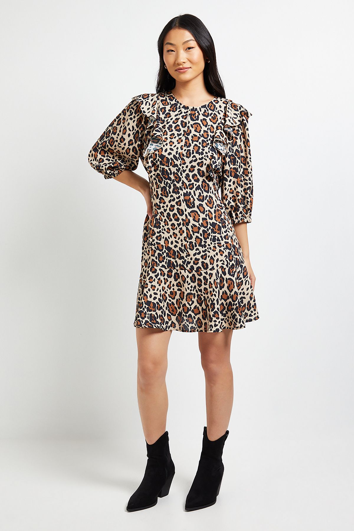 Dorothy Perkins Petite Animal Lace Trim Tie Back Printed Mini Dress Animal