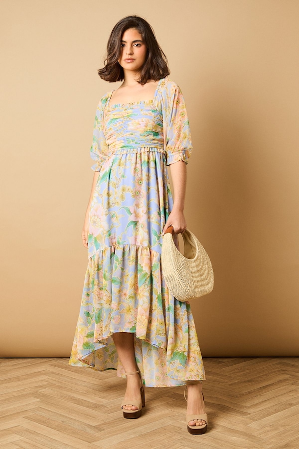 Oasis Floral Babydoll High Low Hem Dress Blue