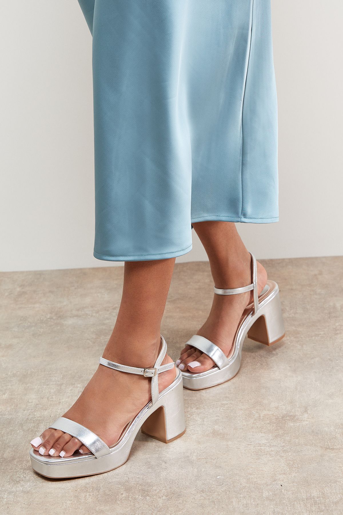 Oasis Maddie Platform High Block Heeled Sandals Silver image 2