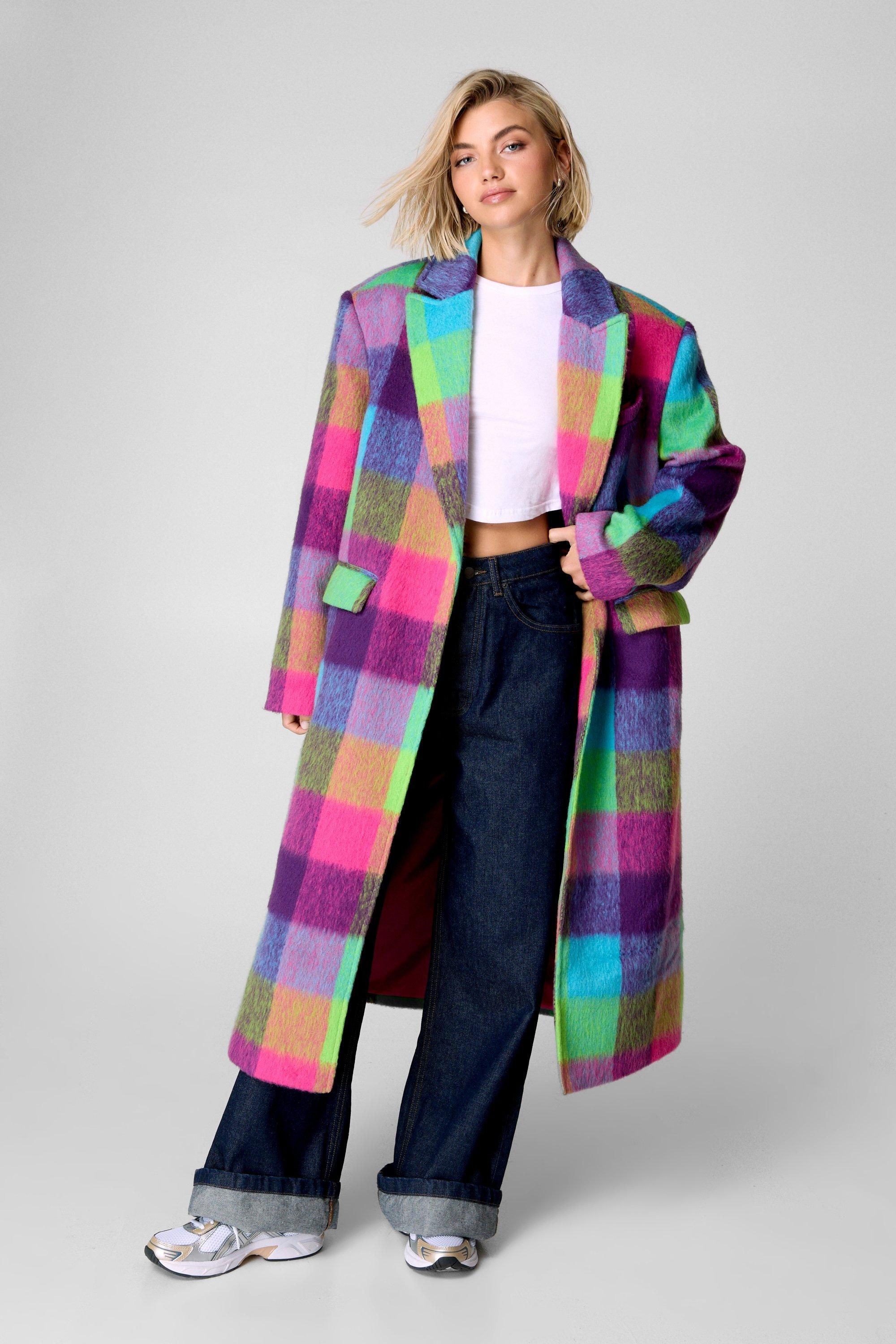 NastyGal Oversized Multi Check Single Breasted Tailored Coat Multi