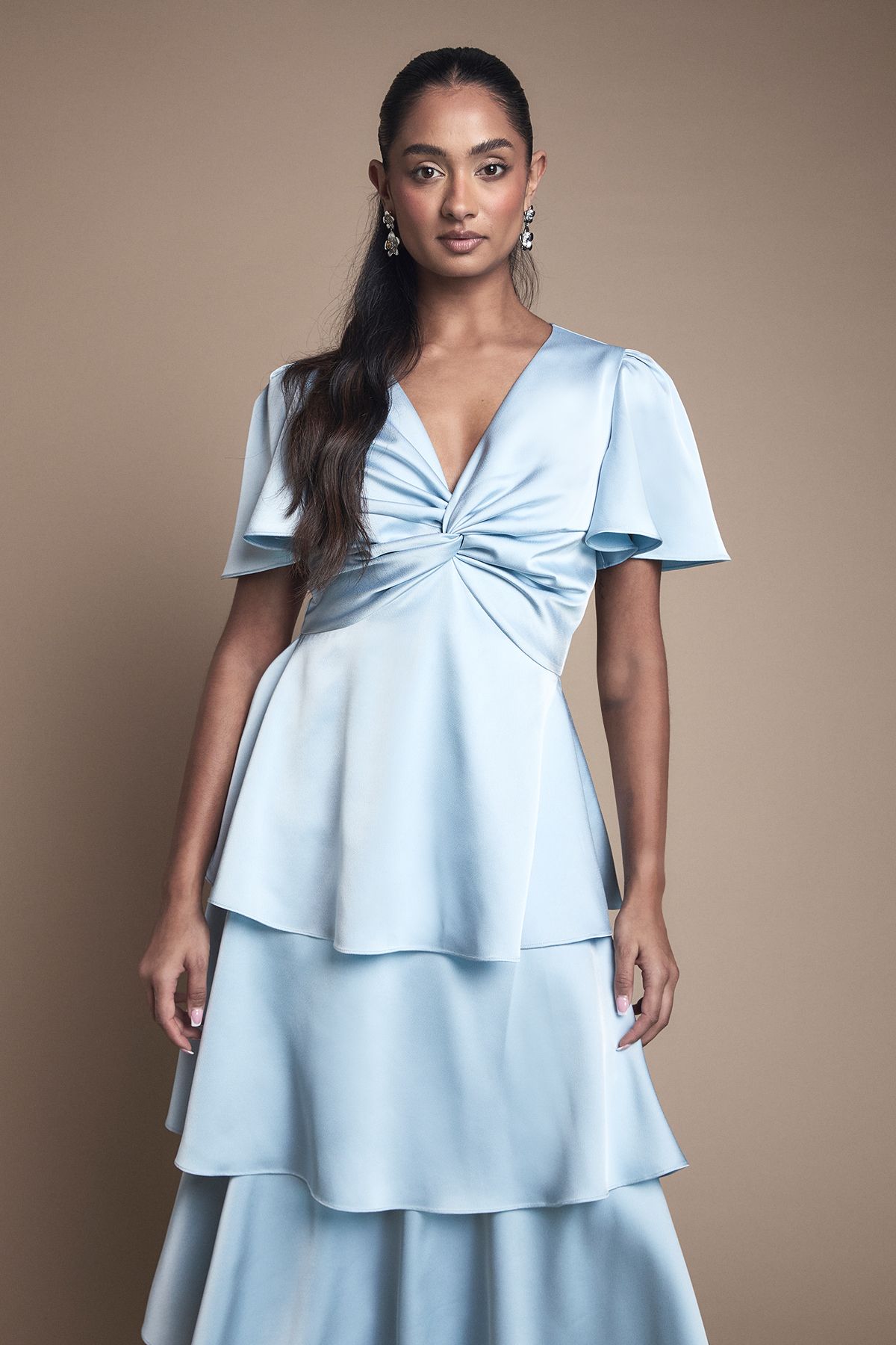 Oasis Satin Twist Front Tiered Bridesmaid Maxi Dress Light Blue image 2