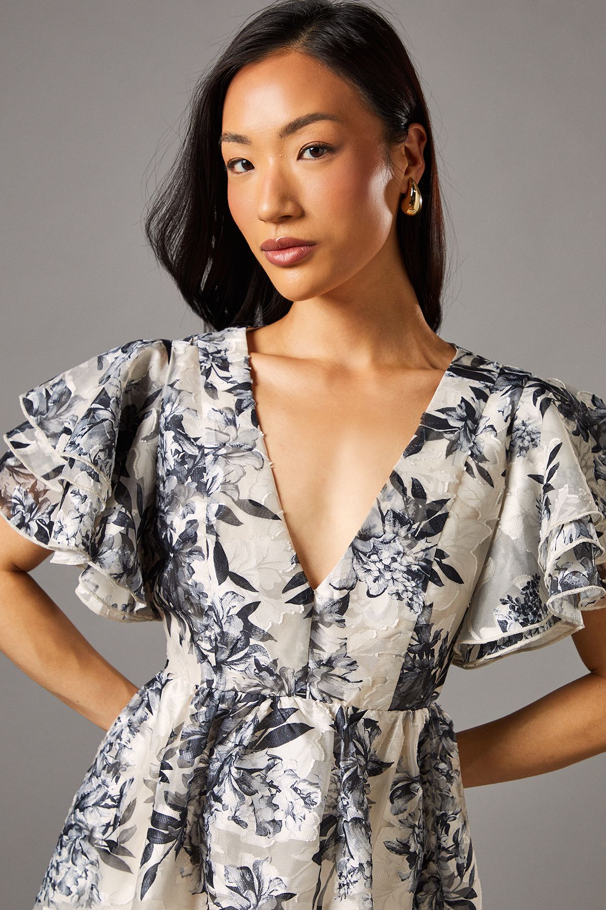 Coast V Neck Flutter Sleeve Jacquard Midi Dress Silver image 4