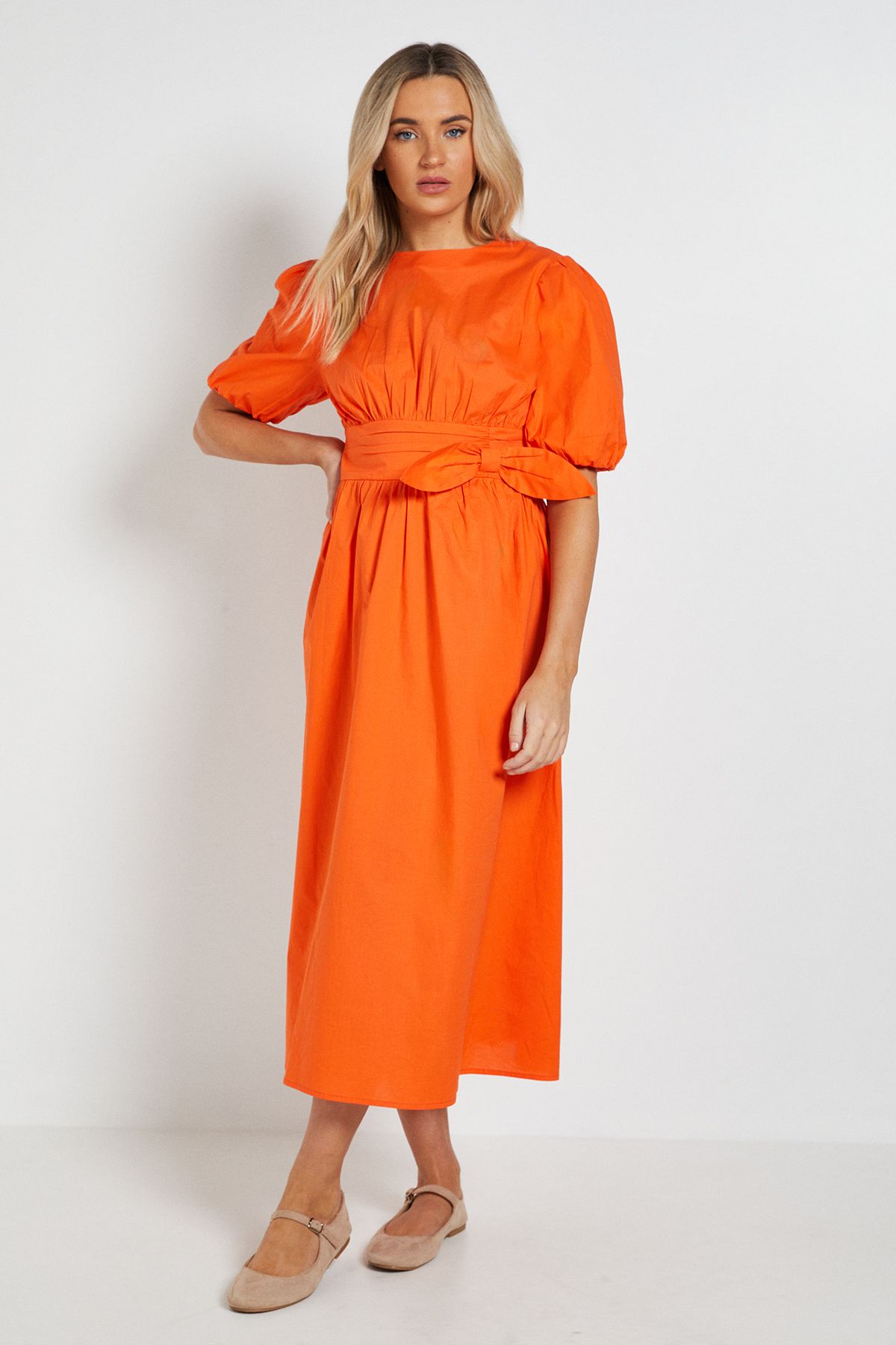 Dorothy Perkins Bow Waist Detail Puff Sleeve Midi Dress Orange
