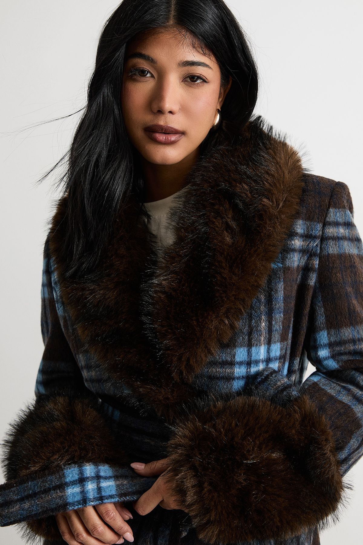 Warehouse Faux Fur Collared Check Belted Coat Cobalt image 2