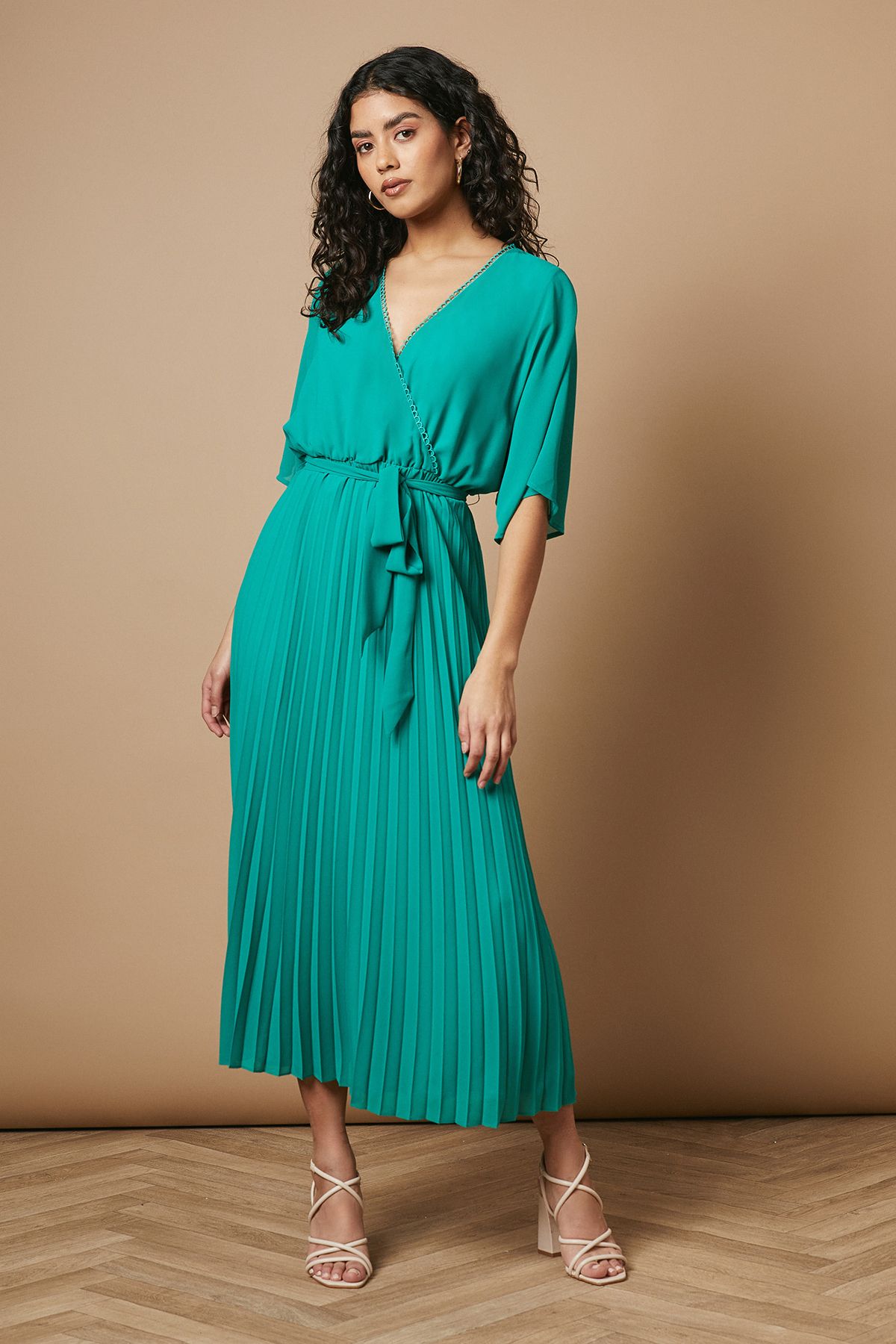 Oasis Petite Occasion Kimono Sleeve Pleated Midi Dress Teal image 1