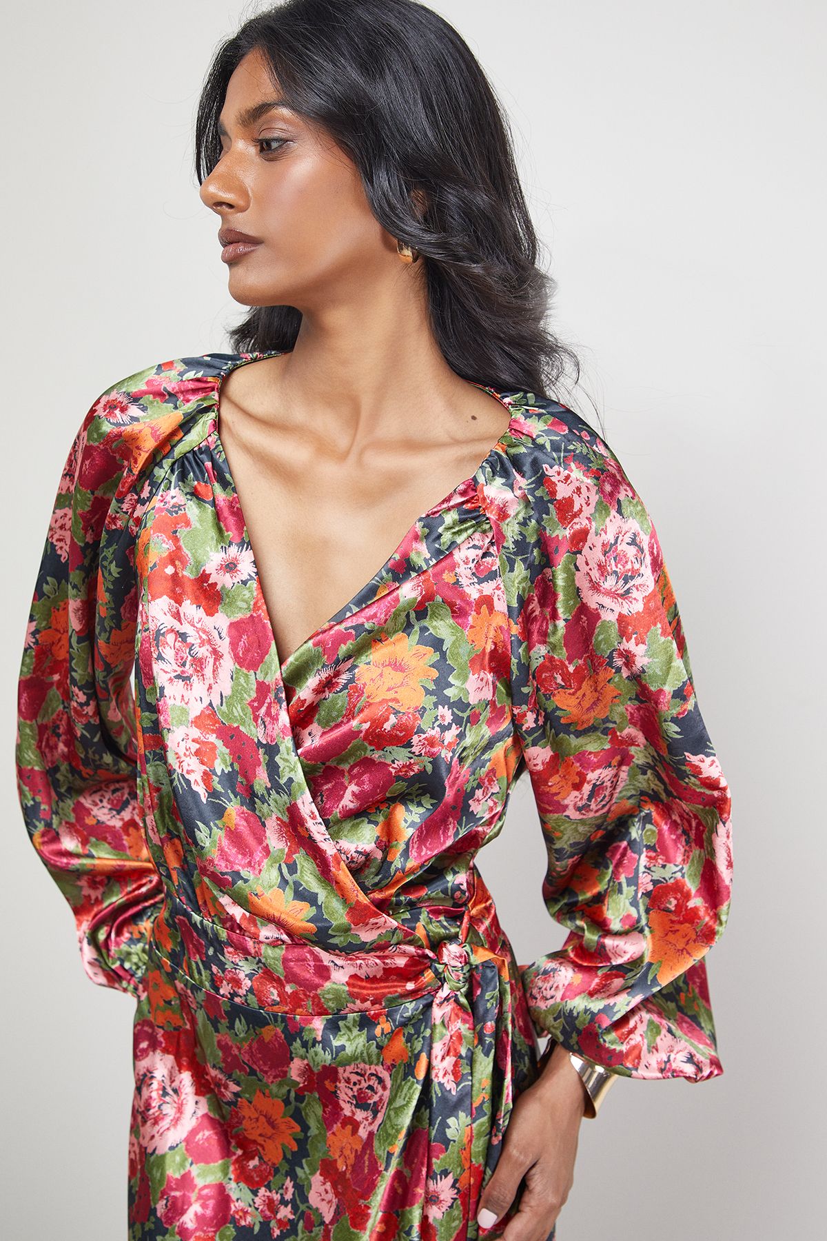 Warehouse Satin Tie Waist Wrap Ruffle Tier Maxi Dress Floral image 4