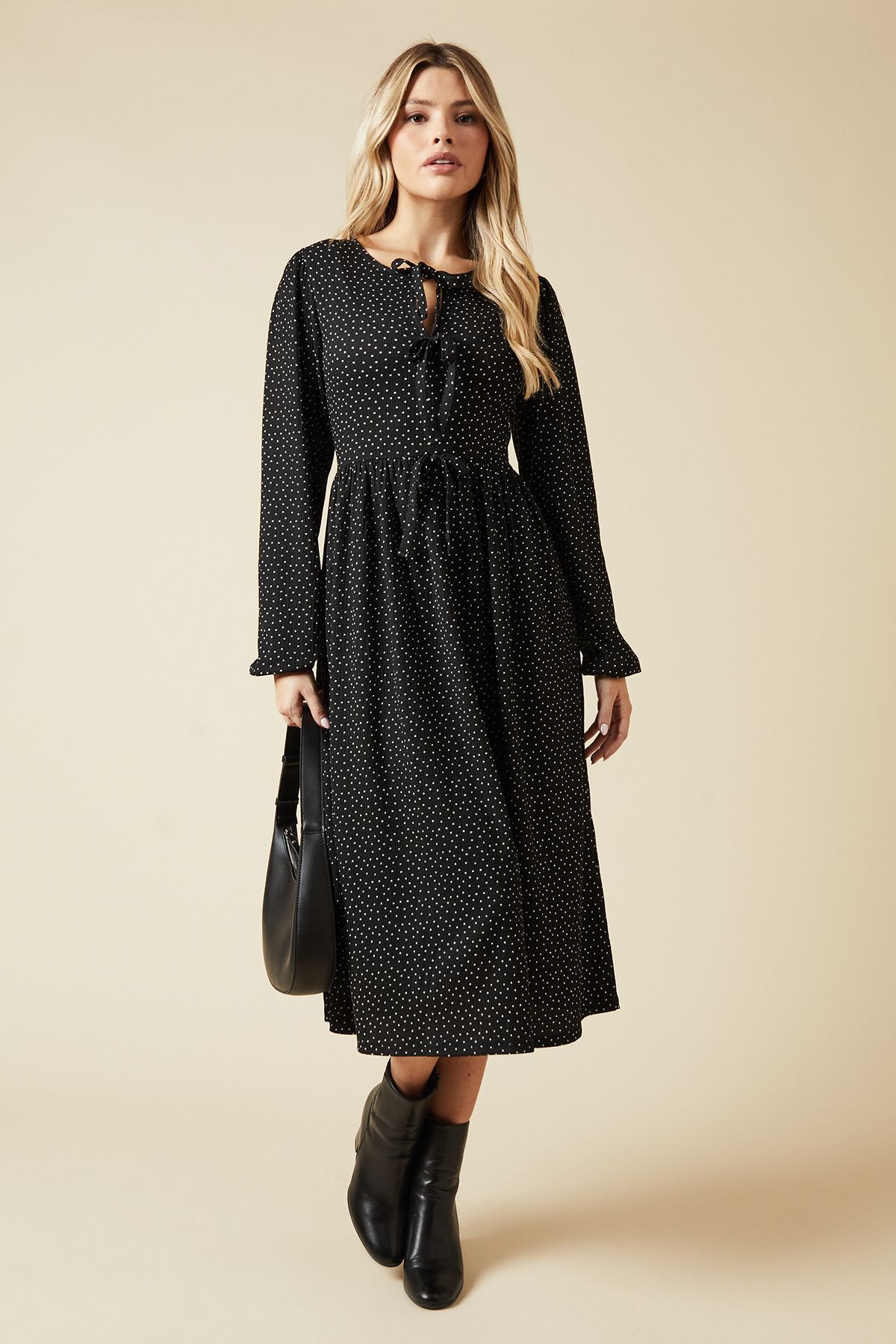 Dorothy Perkins Mono Spot Bow Tie Front Long Sleeve Midi Dress Mono