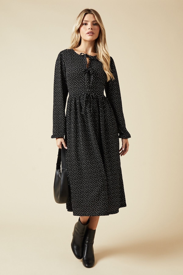 Dorothy Perkins Mono Spot Bow Tie Front Long Sleeve Midi Dress Mono