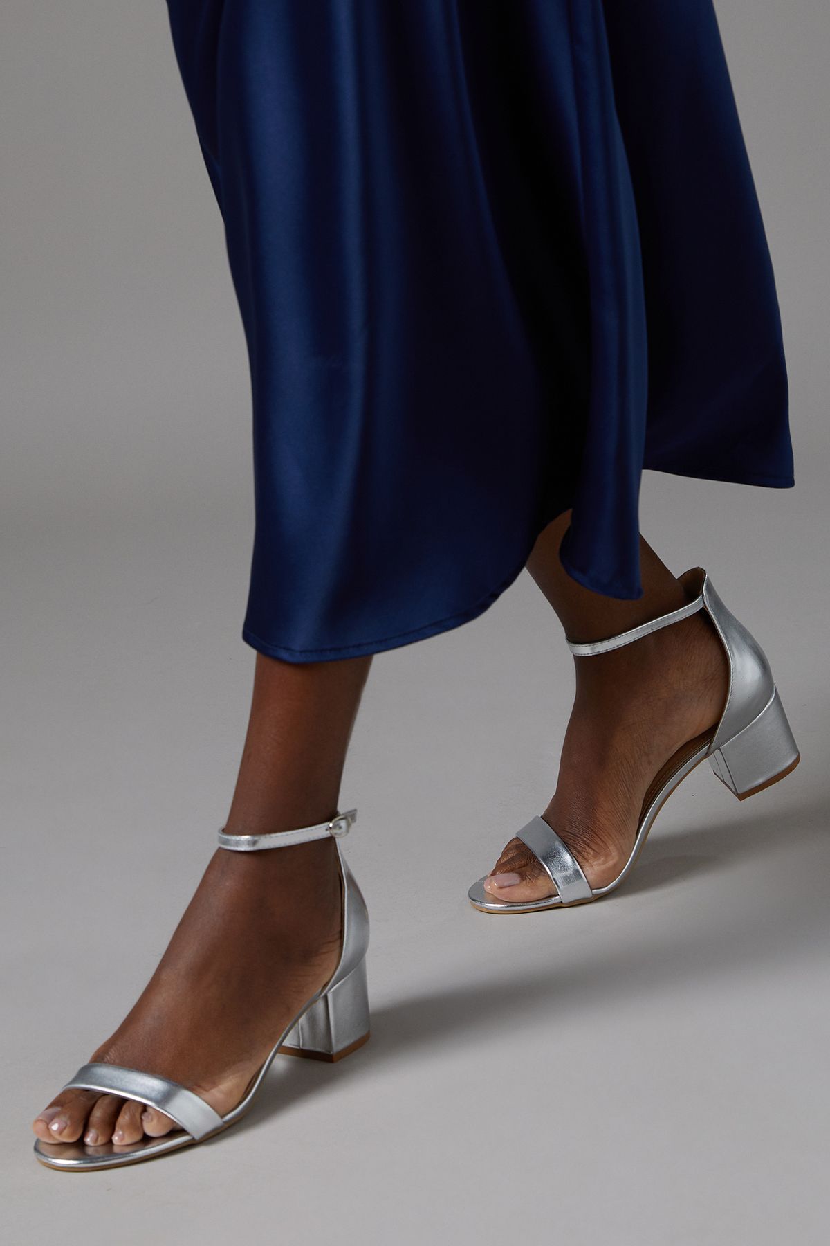 Coast Thelma Faux Leather Ankle Strap Medium Block Heel Sandals Silver image 3