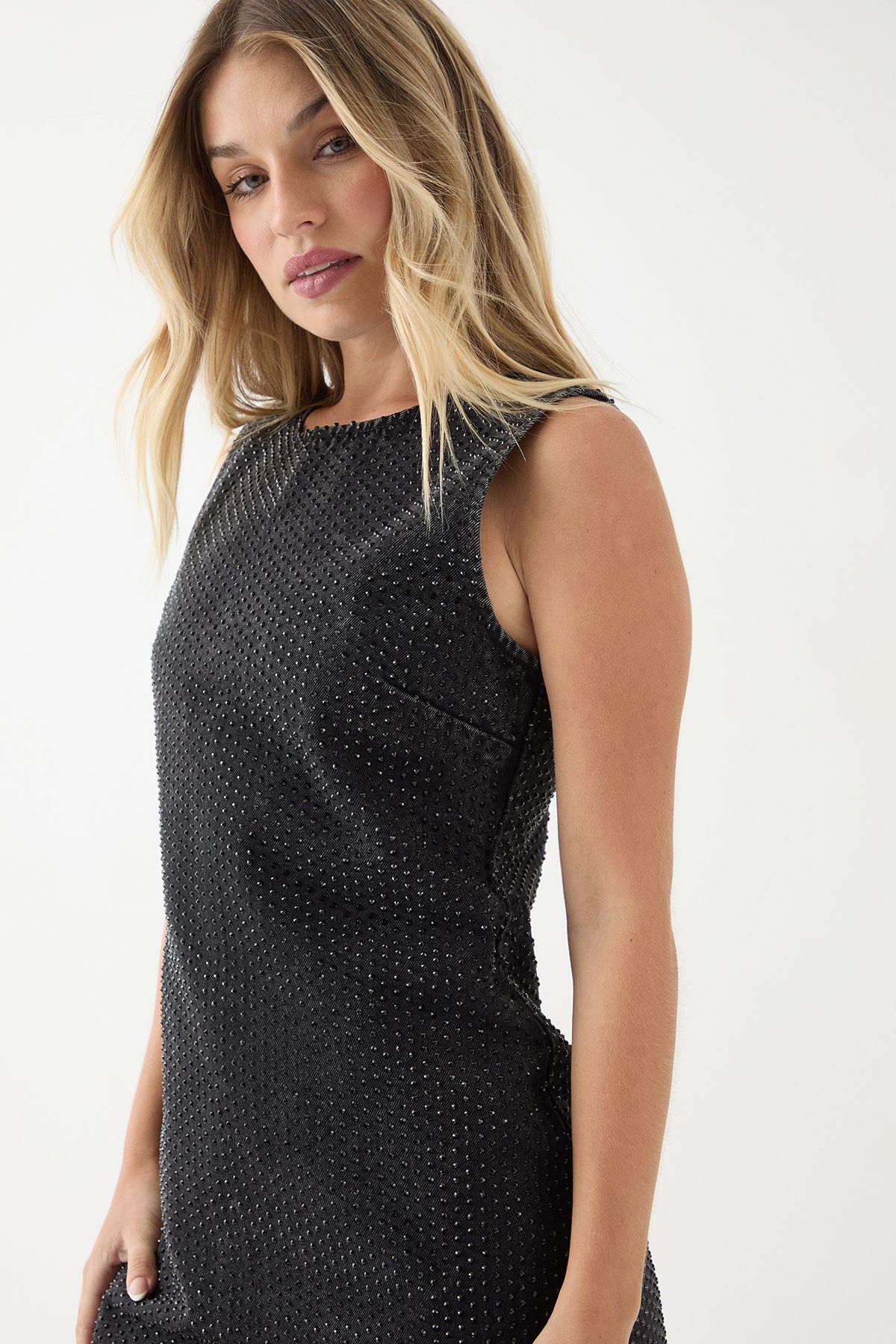 MissPap Diamante Embellished Racer Neck Denim Mini Dress Washed Black image 4